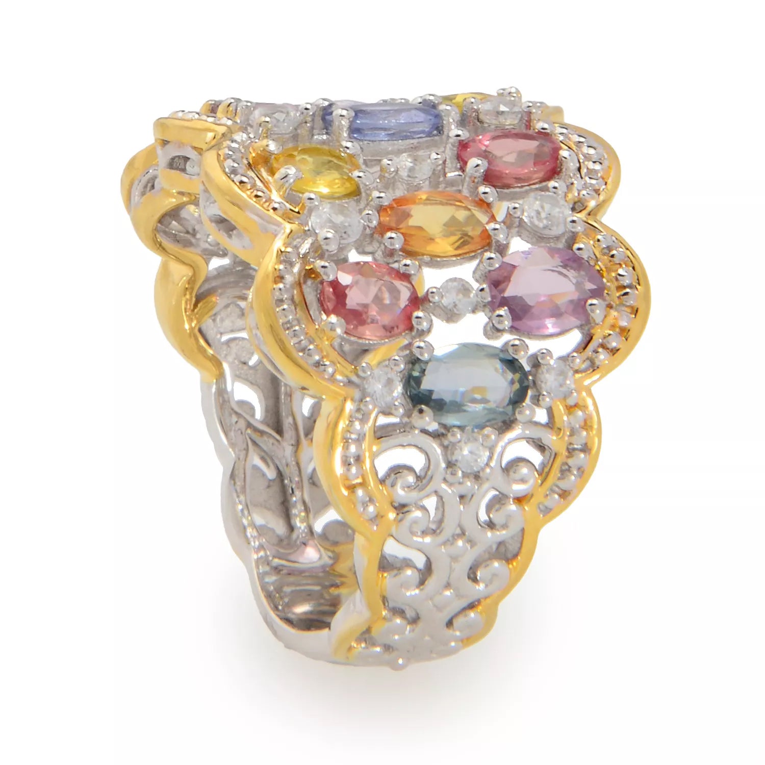 Gems en Vogue 3.35ctw Multi Color Pastel Sapphire & White Zircon Ring