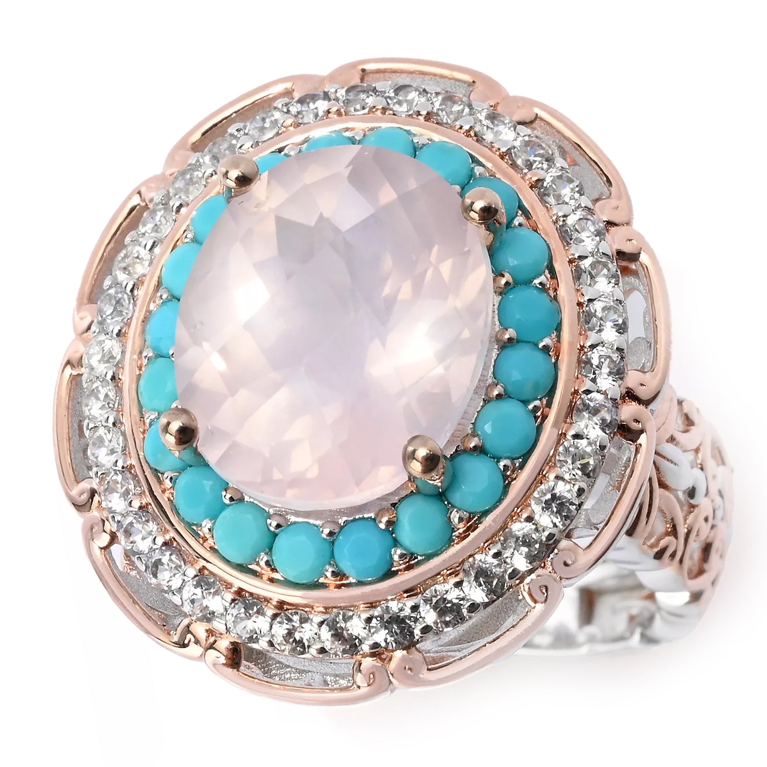 Gems en Vogue 6.00ctw Rose Quartz, Faceted Turquoise & White Zircon Double Halo Ring