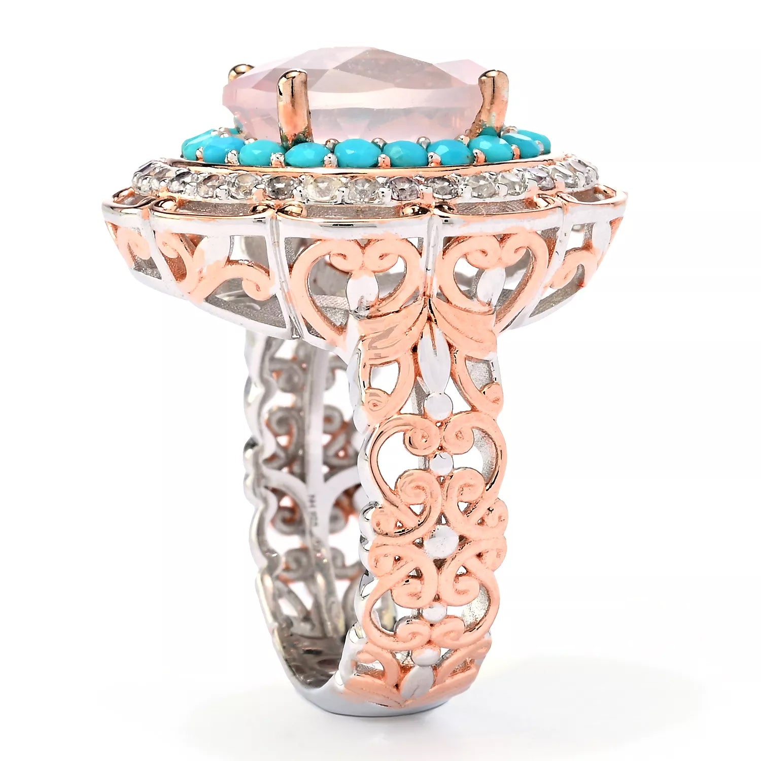 Gems en Vogue 6.00ctw Rose Quartz, Faceted Turquoise & White Zircon Double Halo Ring