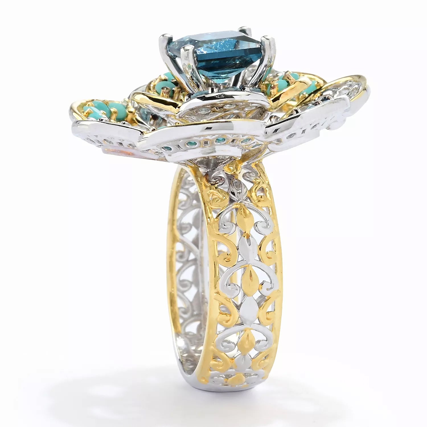 Gems en Vogue 3.14ctw Blue Topaz, Turquoise & White Zircon Multi Gemstones Flower Ring