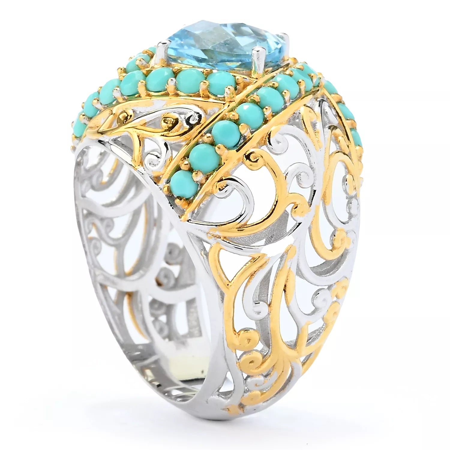 Gems en Vogue 2.64ctw Cushion Shape Blue Topaz & Faceted Turquoise Ring