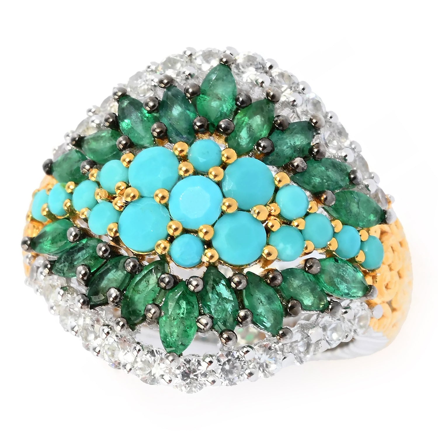 Gems en Vogue 3.37ctw Faceted Turquoise & Grizzly Emerald Multi Gemstones Ring
