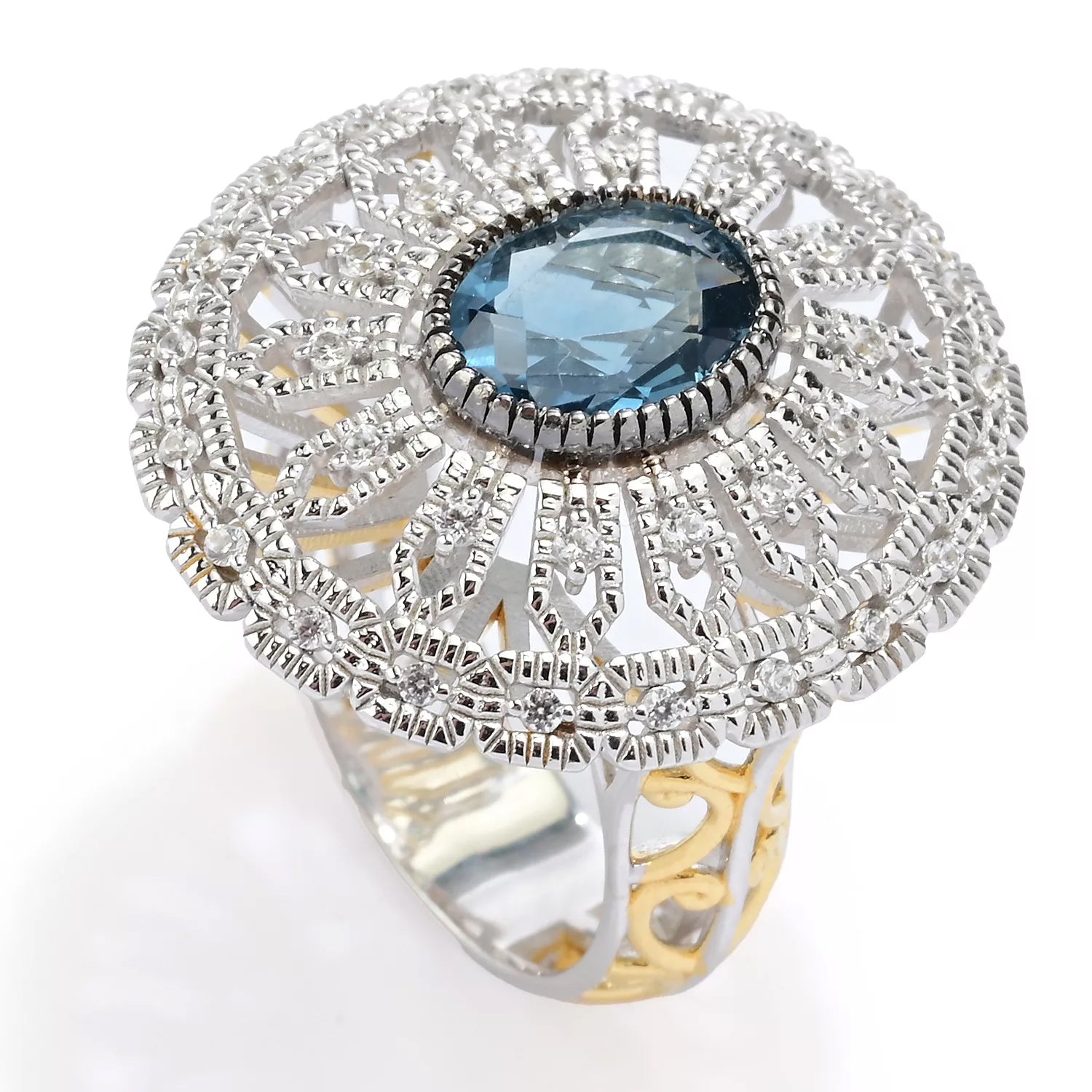Gems en Vogue 5.12ctw Teal Blue Fluorite & White Zircon Ring