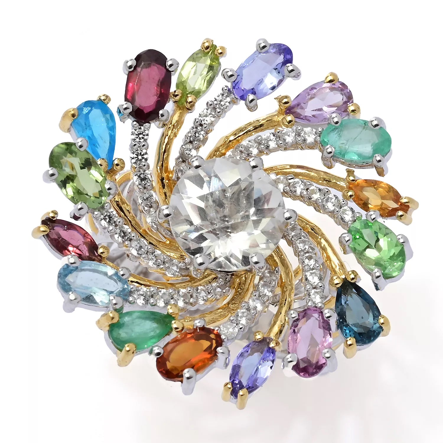 Gems en Vogue 5.51ctw Clear Quartz & Multi Gemstones Rainbow Ring
