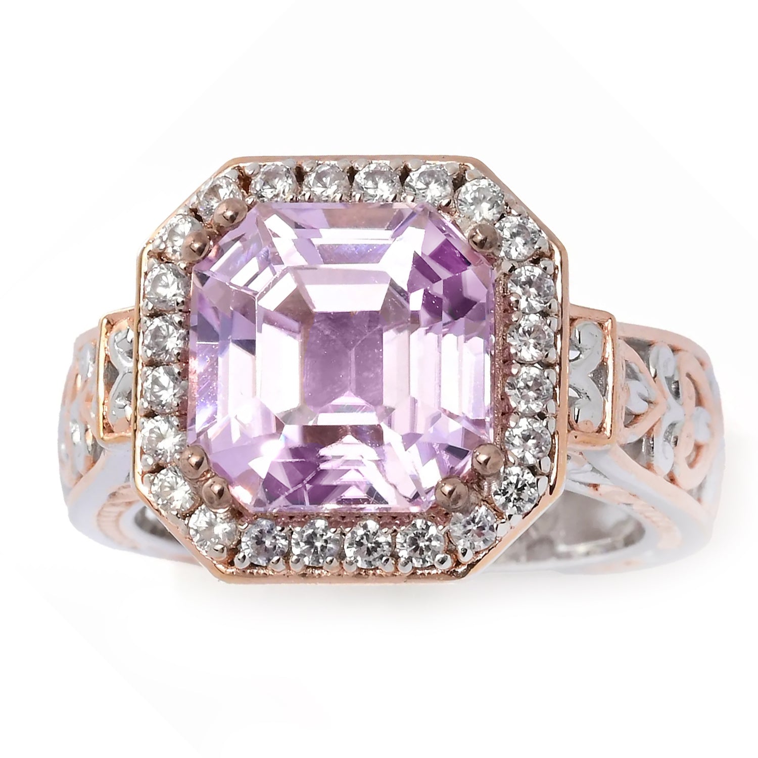 Gems en Vogue 6.13ctw Emerald Cut Kunzite & White Zircon Halo Ring