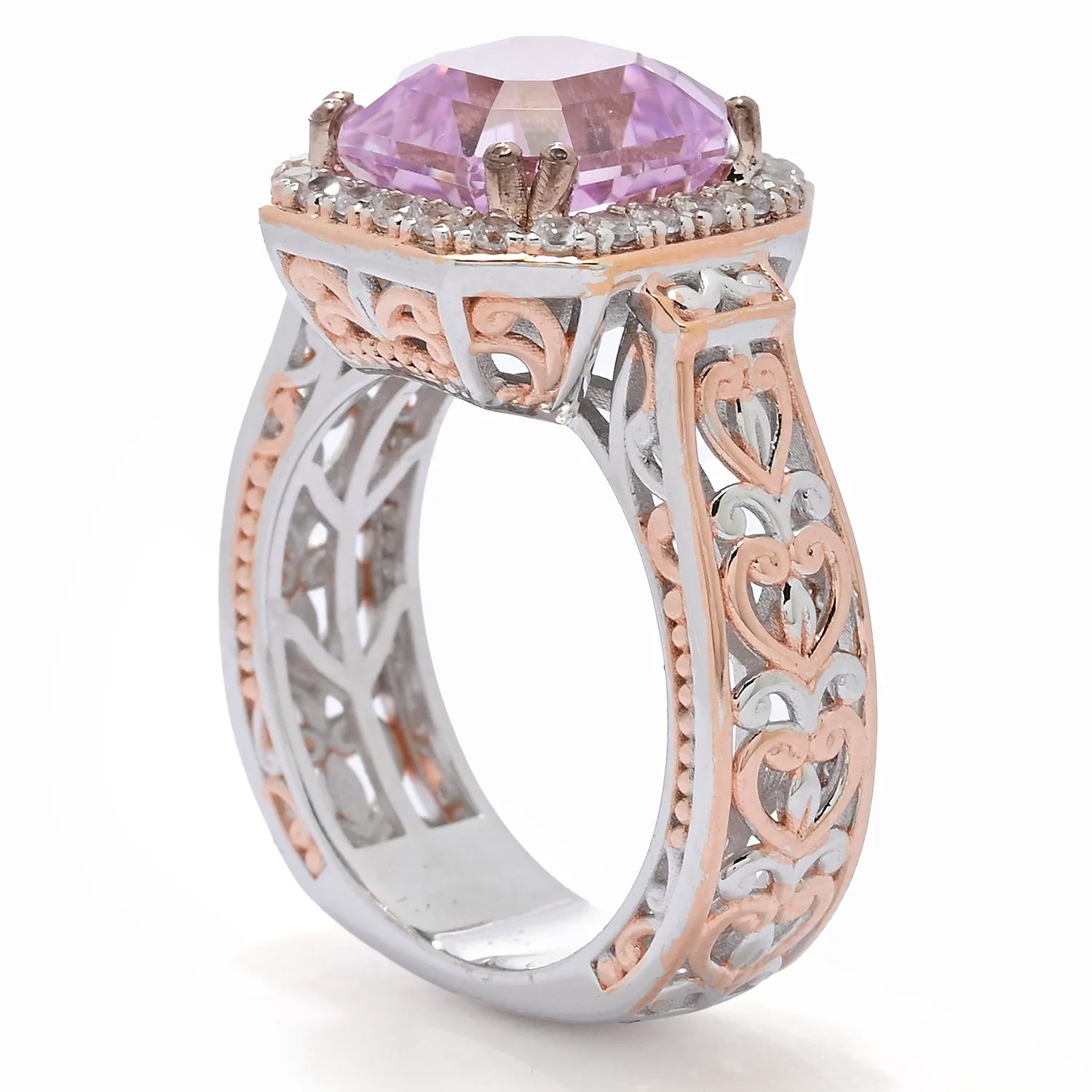 Gems en Vogue 6.13ctw Emerald Cut Kunzite & White Zircon Halo Ring