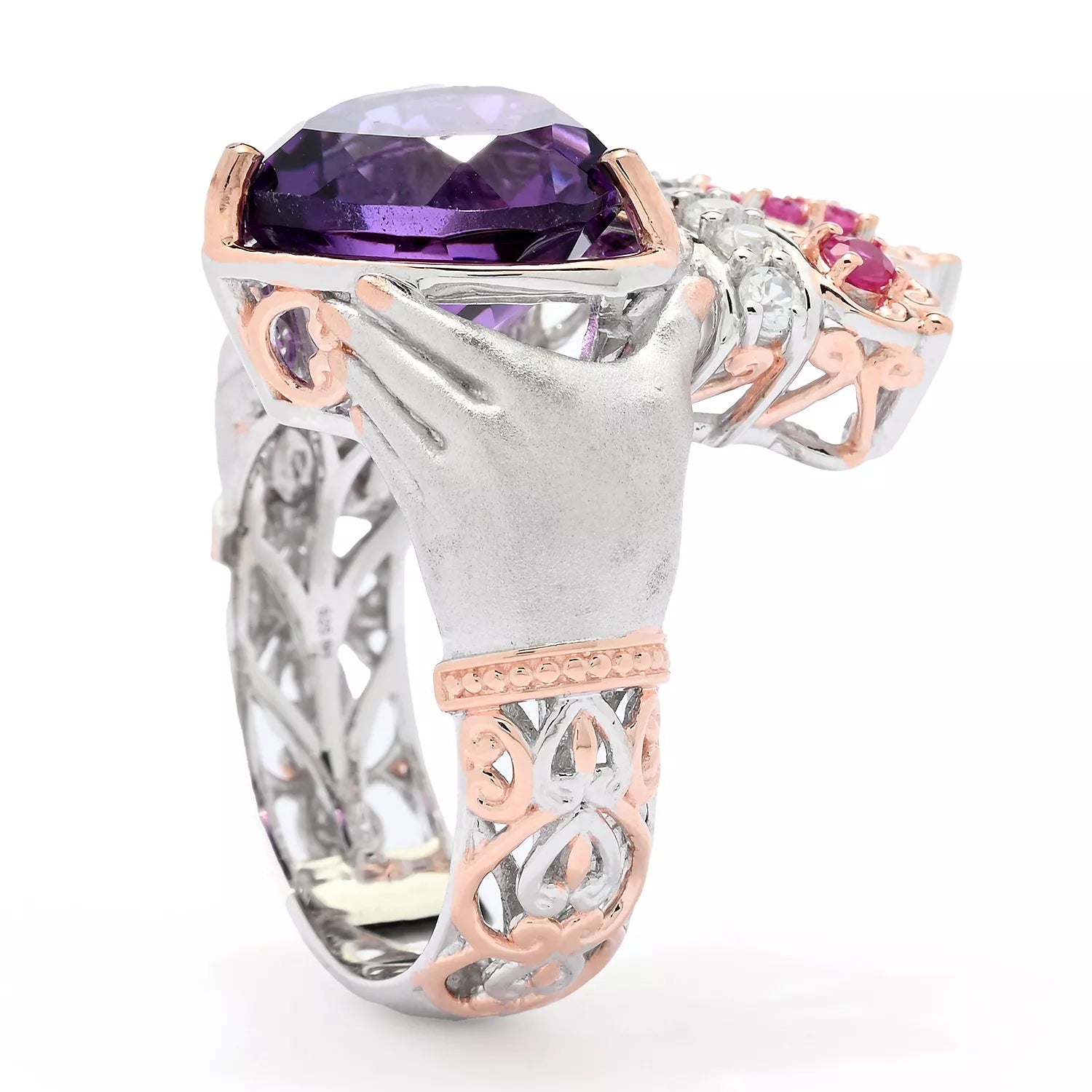 Gems en Vogue 5.08ctw Amethyst, Ruby & White Zircon Heart Claddagh Ring