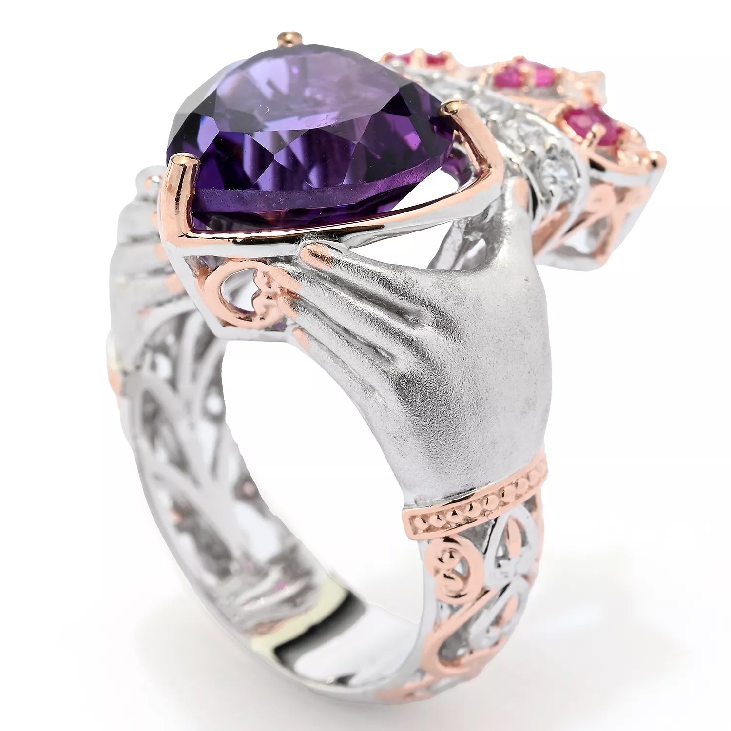 Gems en Vogue 5.08ctw Amethyst, Ruby & White Zircon Heart Claddagh Ring