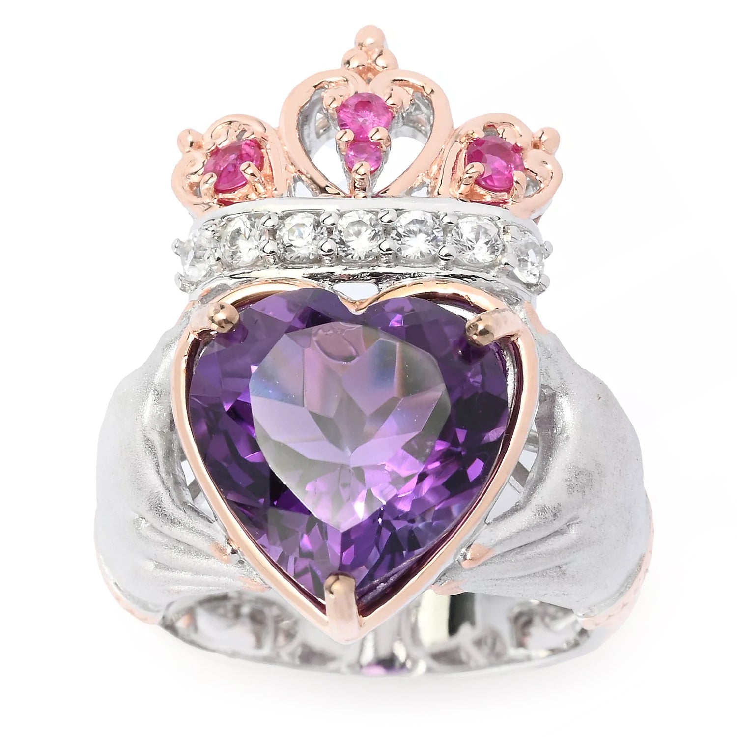 Gems en Vogue 5.08ctw Amethyst, Ruby & White Zircon Heart Claddagh Ring
