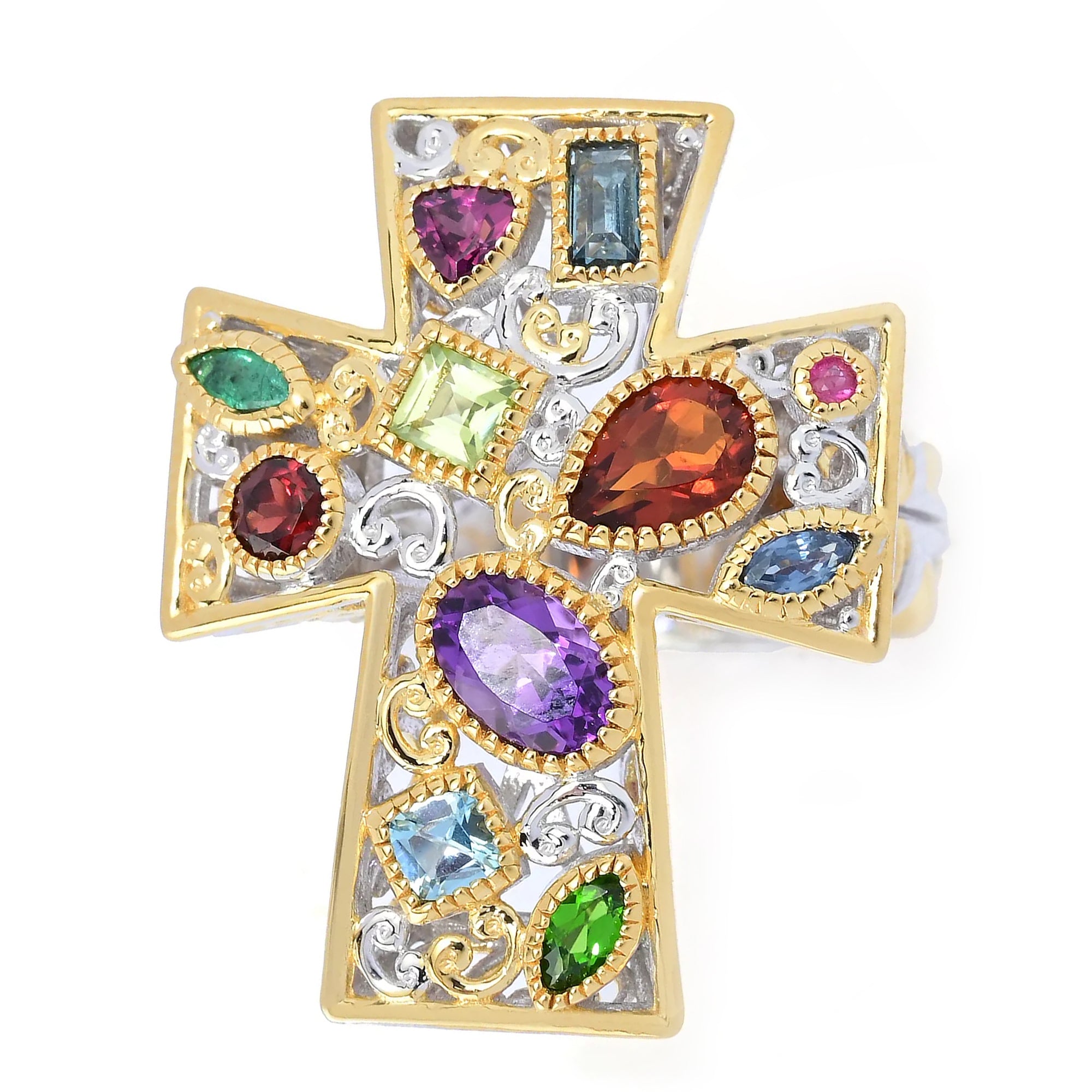 Gems en Vogue 24K Palladium Silver 1.71ctw Multi Gemstones Cross Ring