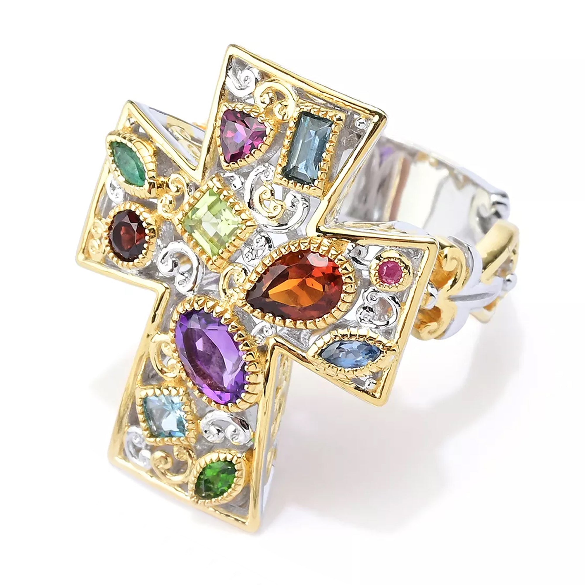 Gems en Vogue 24K Palladium Silver 1.71ctw Multi Gemstones Cross Ring