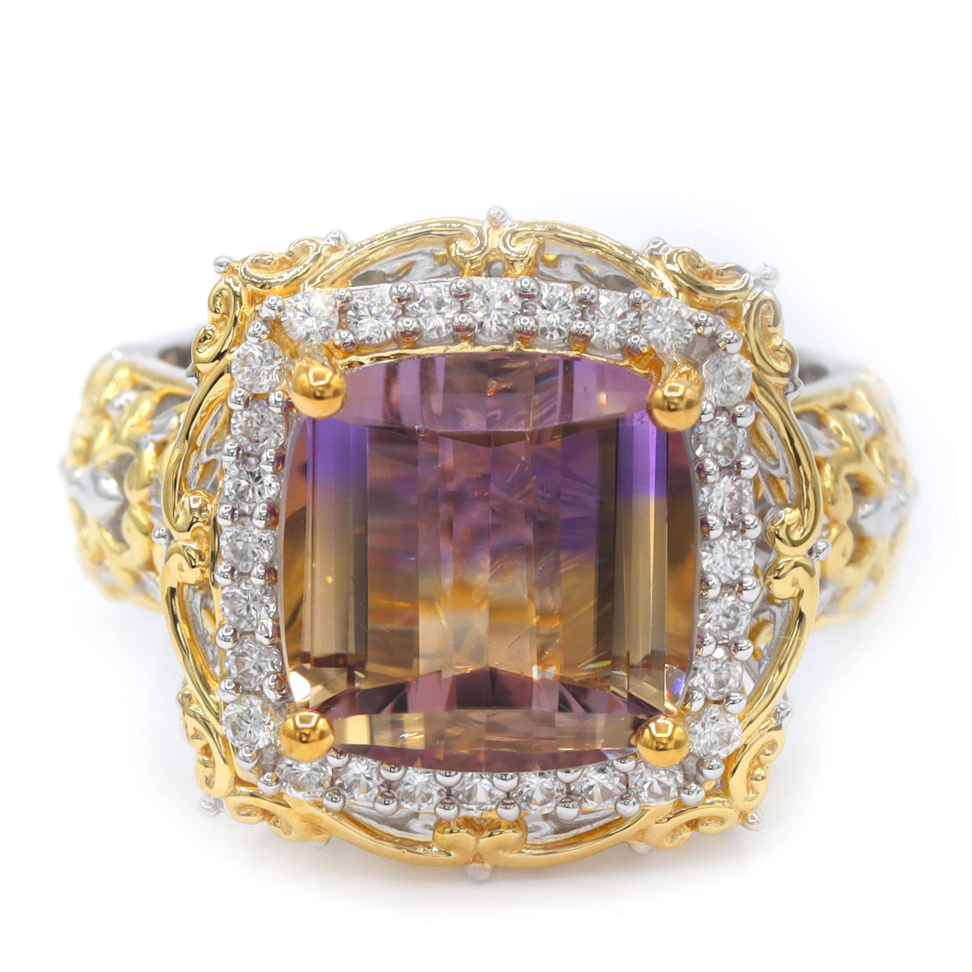 Gems en Vogue One-of-a-Kind 24K Palladium Silver 7.84ctw Ametrine & White Zircon Halo Ring