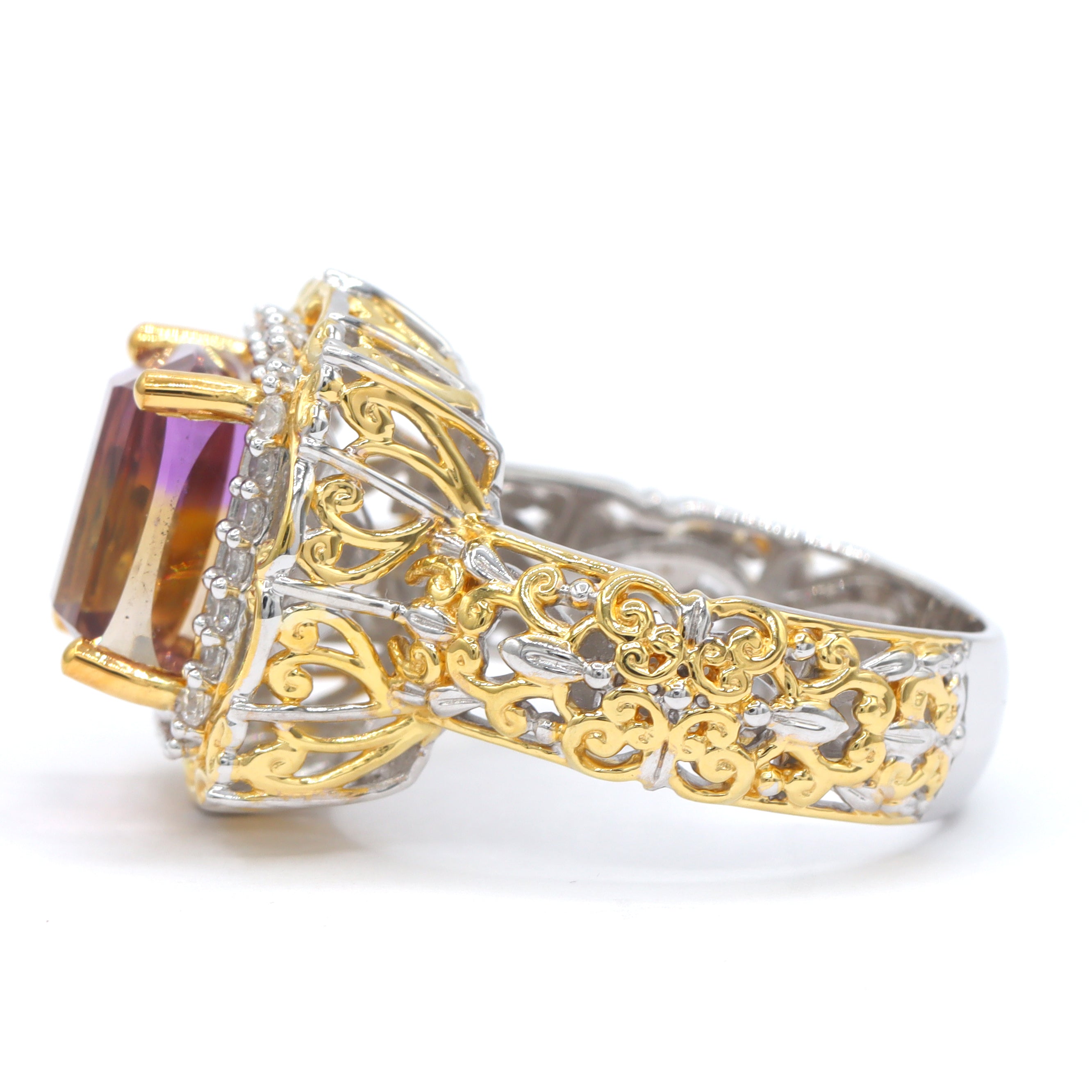 Gems en Vogue One-of-a-Kind 24K Palladium Silver 7.84ctw Ametrine & White Zircon Halo Ring
