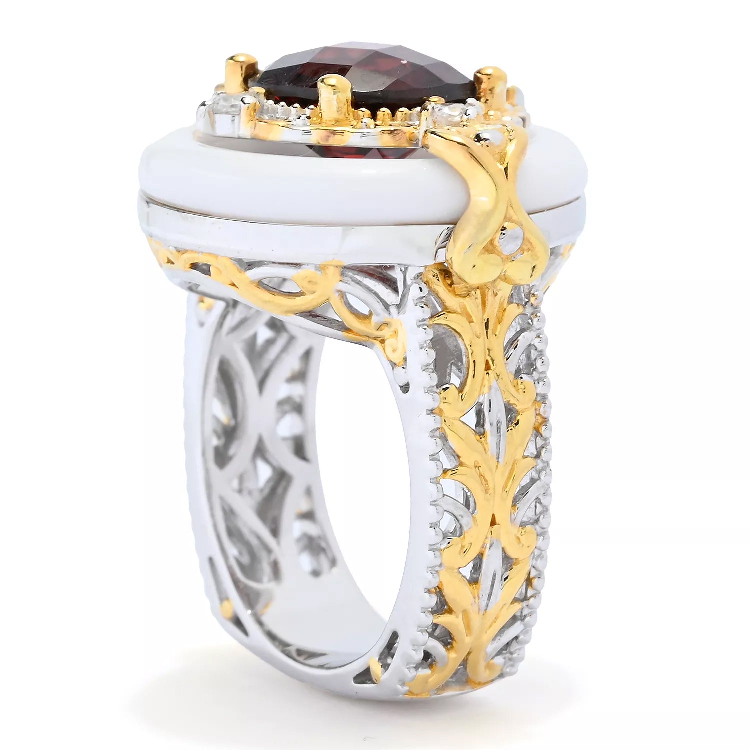 Gems en Vogue 4.51ctw Red Garnet, White Onyx Donut & White Zircon Ring