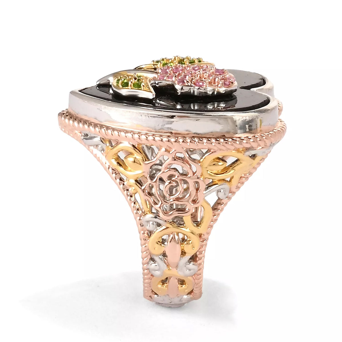 Gems en Vogue 24K Palladium Silver Black Onyx & Hot Pink Sapphire Heart & Flower Ring