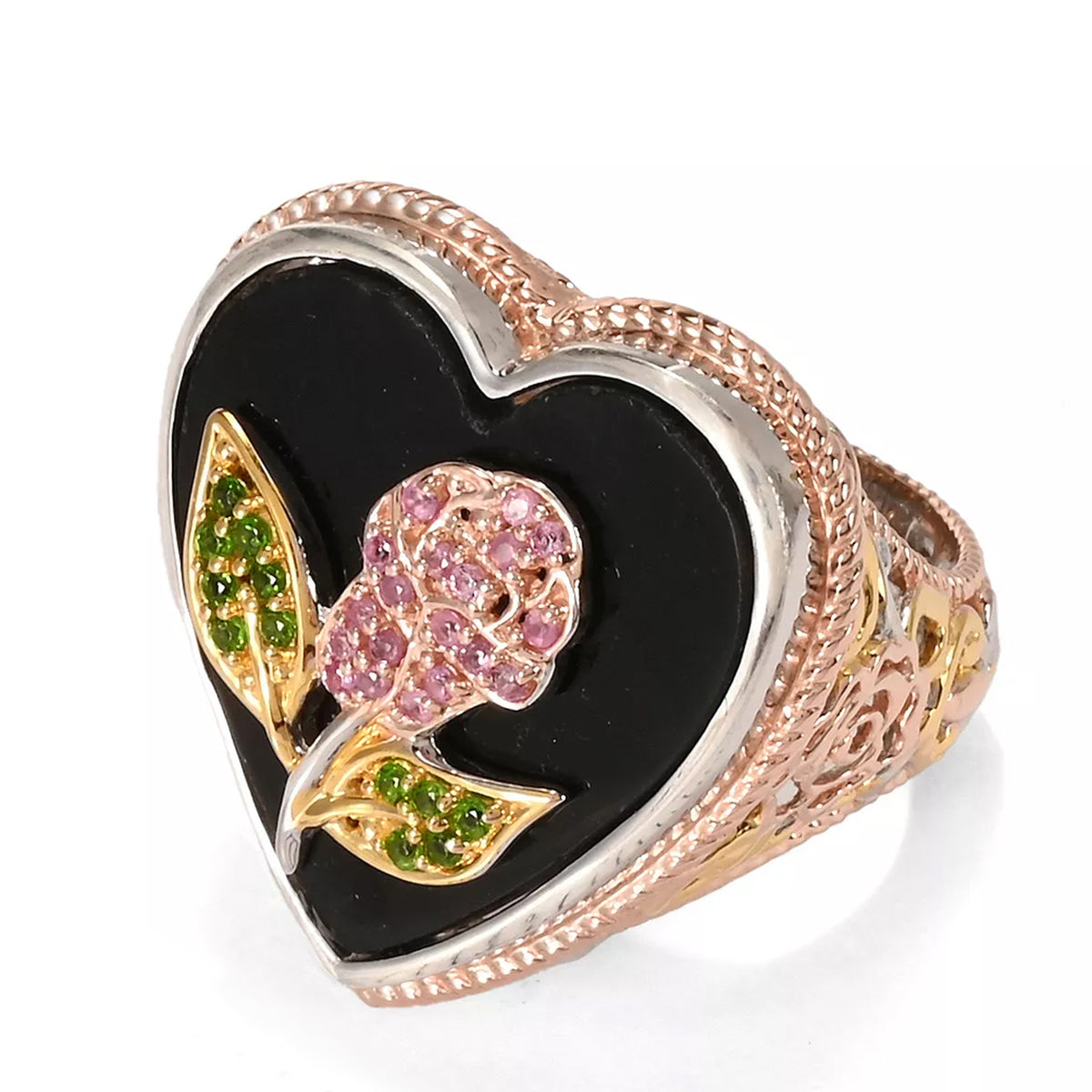 Gems en Vogue 24K Palladium Silver Black Onyx & Hot Pink Sapphire Heart & Flower Ring