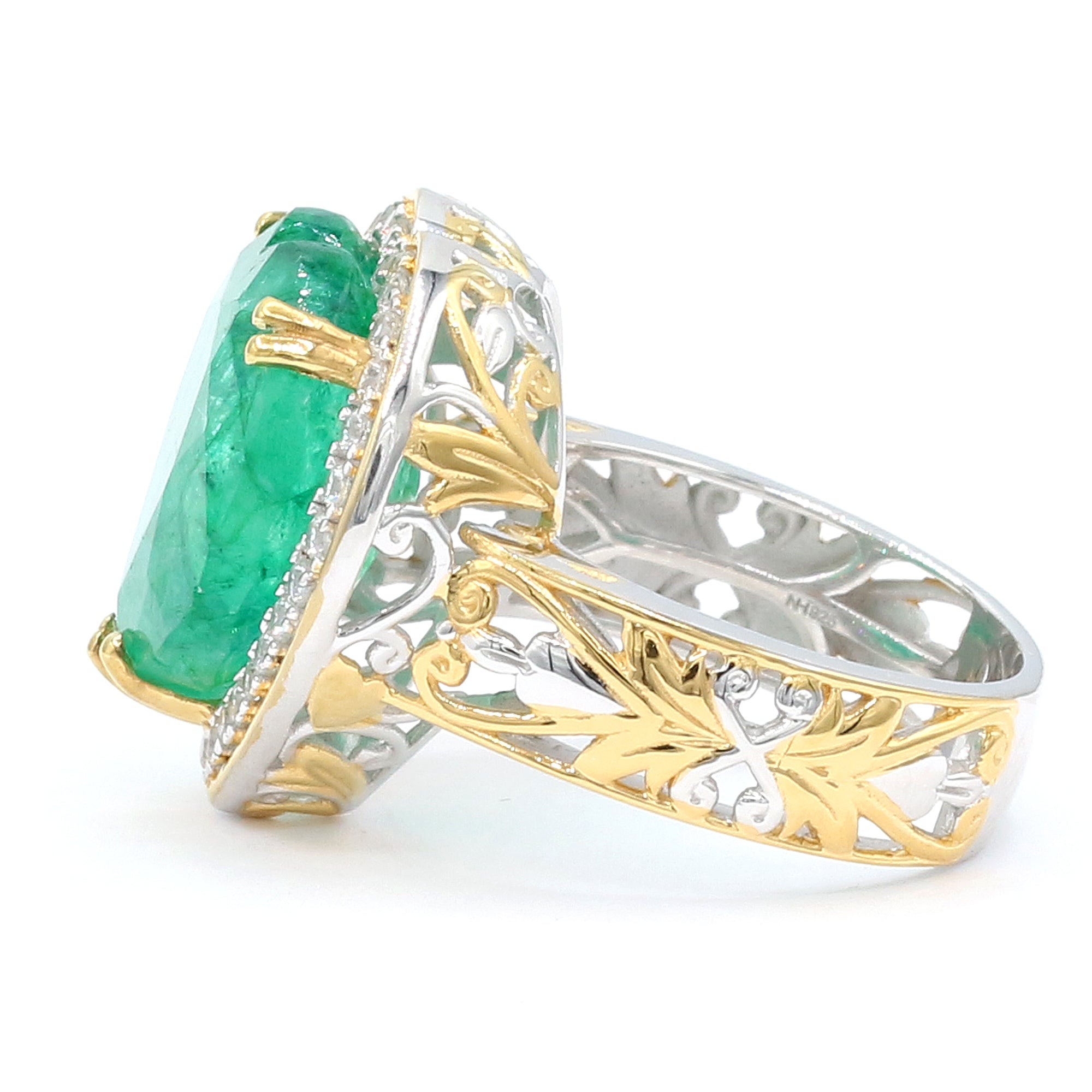 Gems en Vogue 24K Palladium Silver 9.92ctw Heart Shape Zambian Emerald & White Zircon Halo Ring