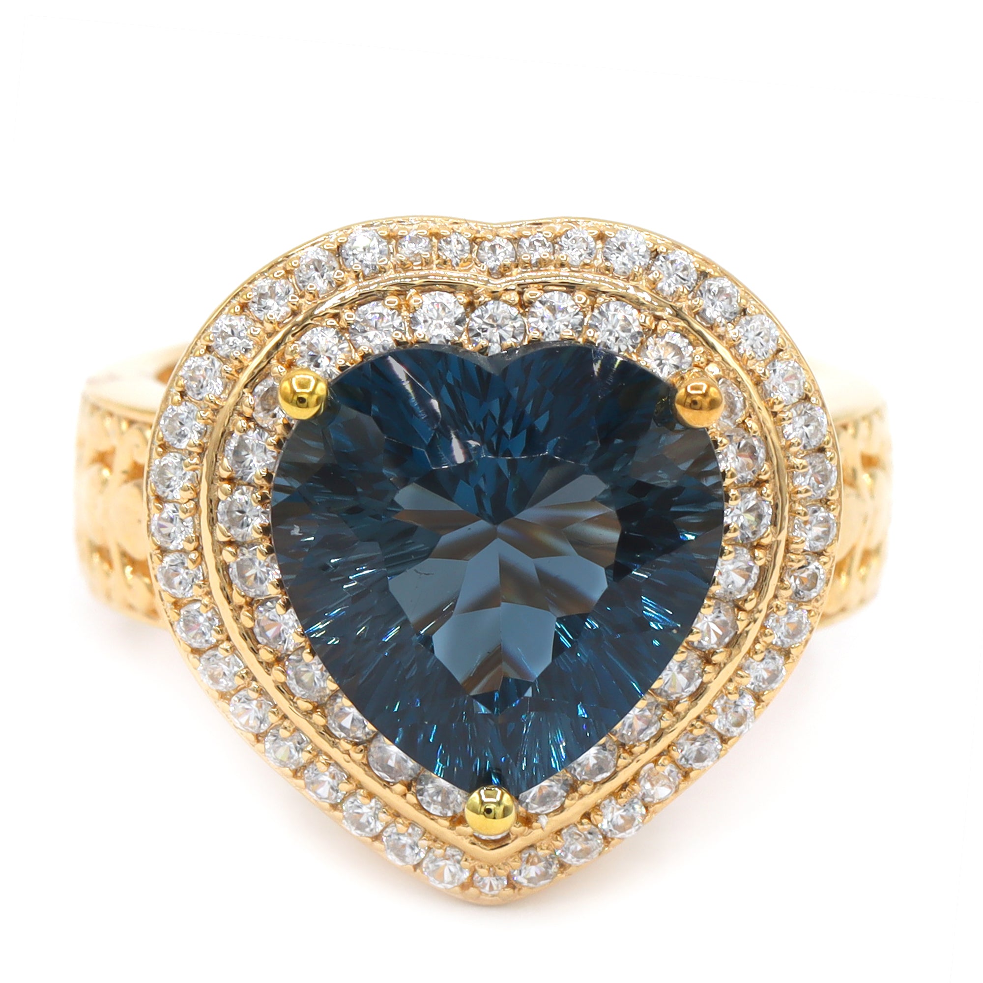 Gems en Vogue One-of-a-Kind 24K Palladium Silver 8.61ctw Heart Shape London Blue Topaz & White Zircon Double Halo Ring