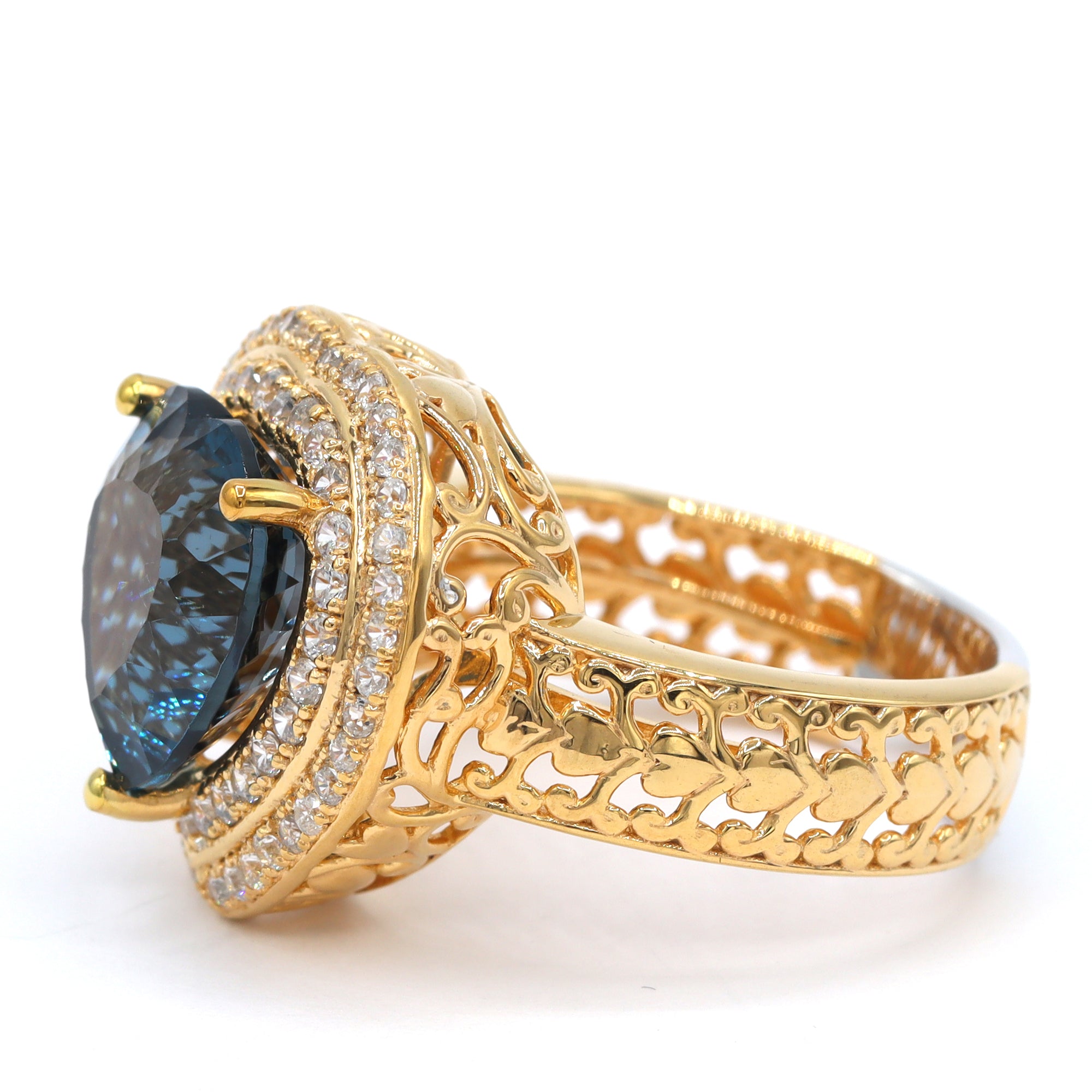 Gems en Vogue One-of-a-Kind 24K Palladium Silver 8.61ctw Heart Shape London Blue Topaz & White Zircon Double Halo Ring