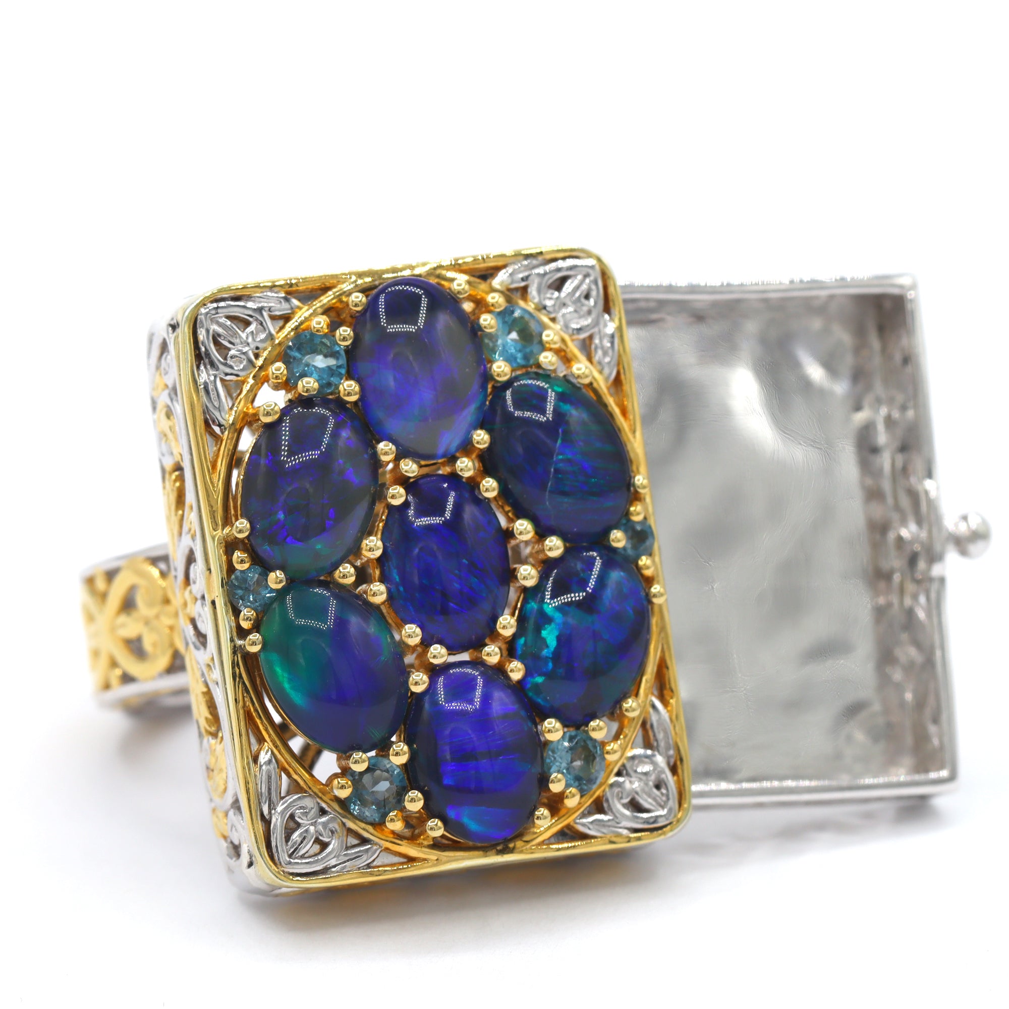 Gems en Vogue 24K Palladium Silver Peacock Australian Opal Triplet & London Blue Topaz Keepsake Ring