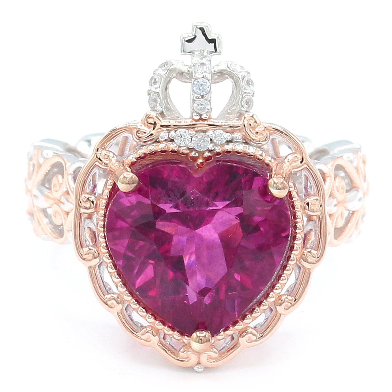 Gems en Vogue 5.58ctw Fuchsia Pink Fluorite & White Zircon Heart Ring