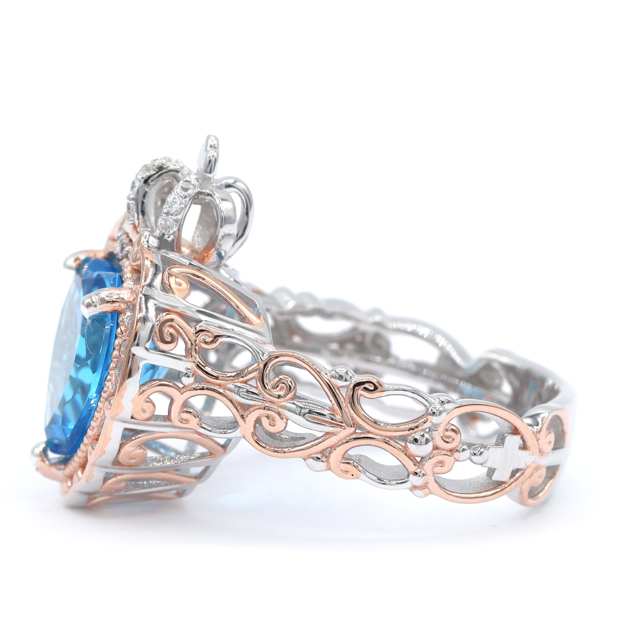 Gems en Vogue One-of-a-Kind 18K Palladium Silver 5.44ctw Heart Shape Swiss Blue Topaz & White Zircon Crown Ring