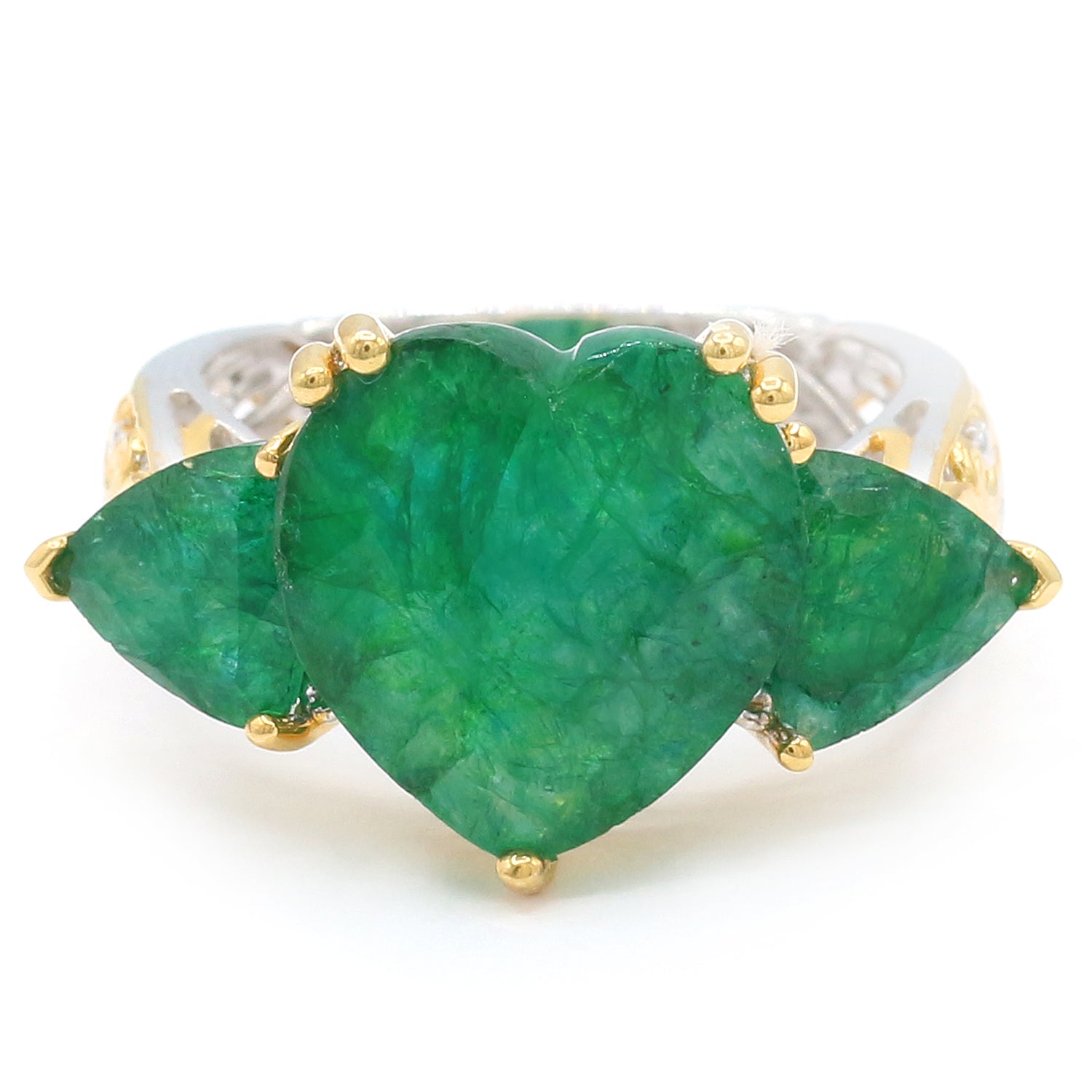 Gems en Vogue 24K Palladium Silver 9.38ctw Heart Shape Zambian Emerald Three Stone Ring