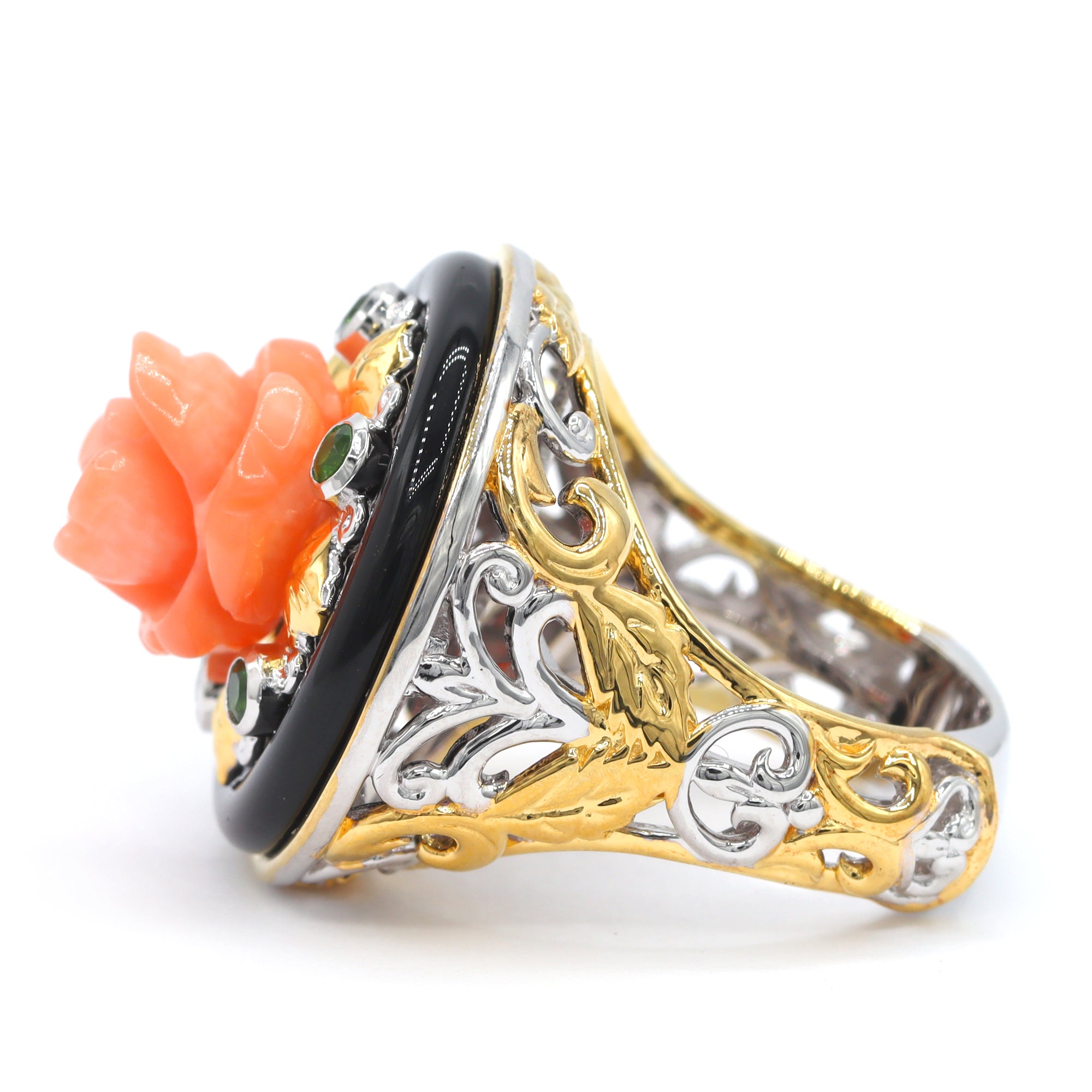 Gems en Vogue 24K Palladium Silver Salmon Coral, Black Onyx & Chrome Diopside Carved Flower Ring