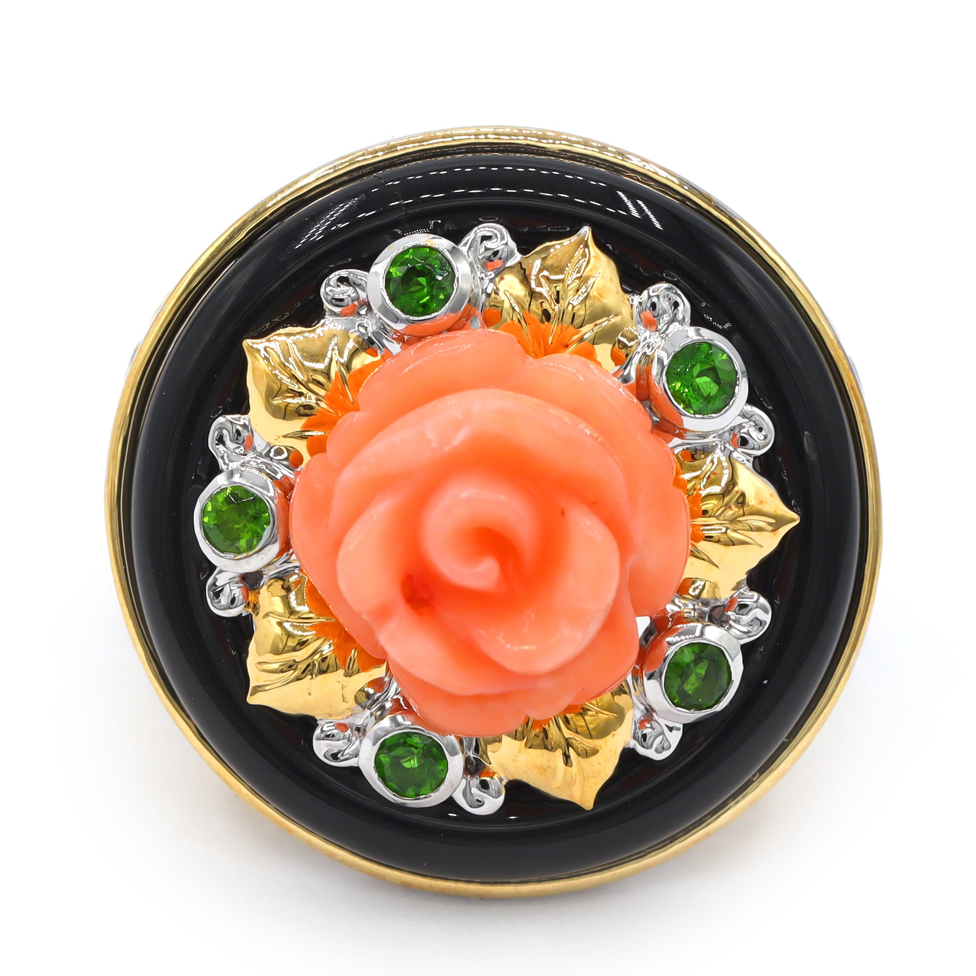 Gems en Vogue 24K Palladium Silver Salmon Coral, Black Onyx & Chrome Diopside Carved Flower Ring
