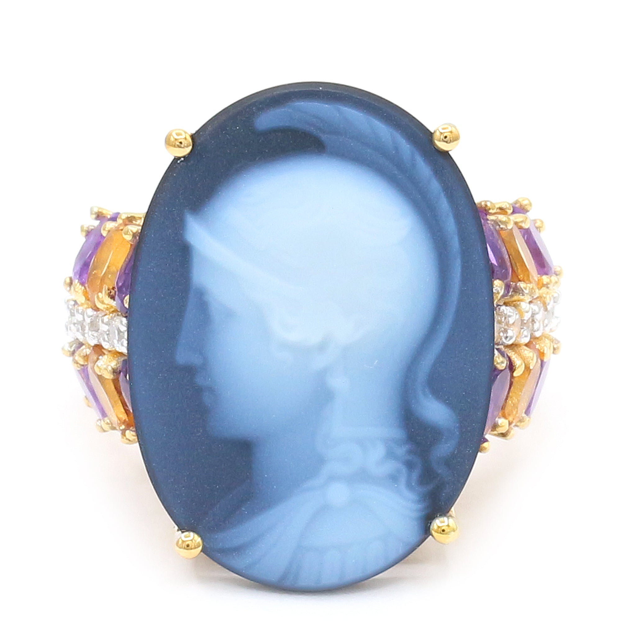 Gems en Vogue One-of-a-Kind 24K Palladium Silver Blue Agate Carved Cameo & Multi Gemstones Classical Female Profile Ring