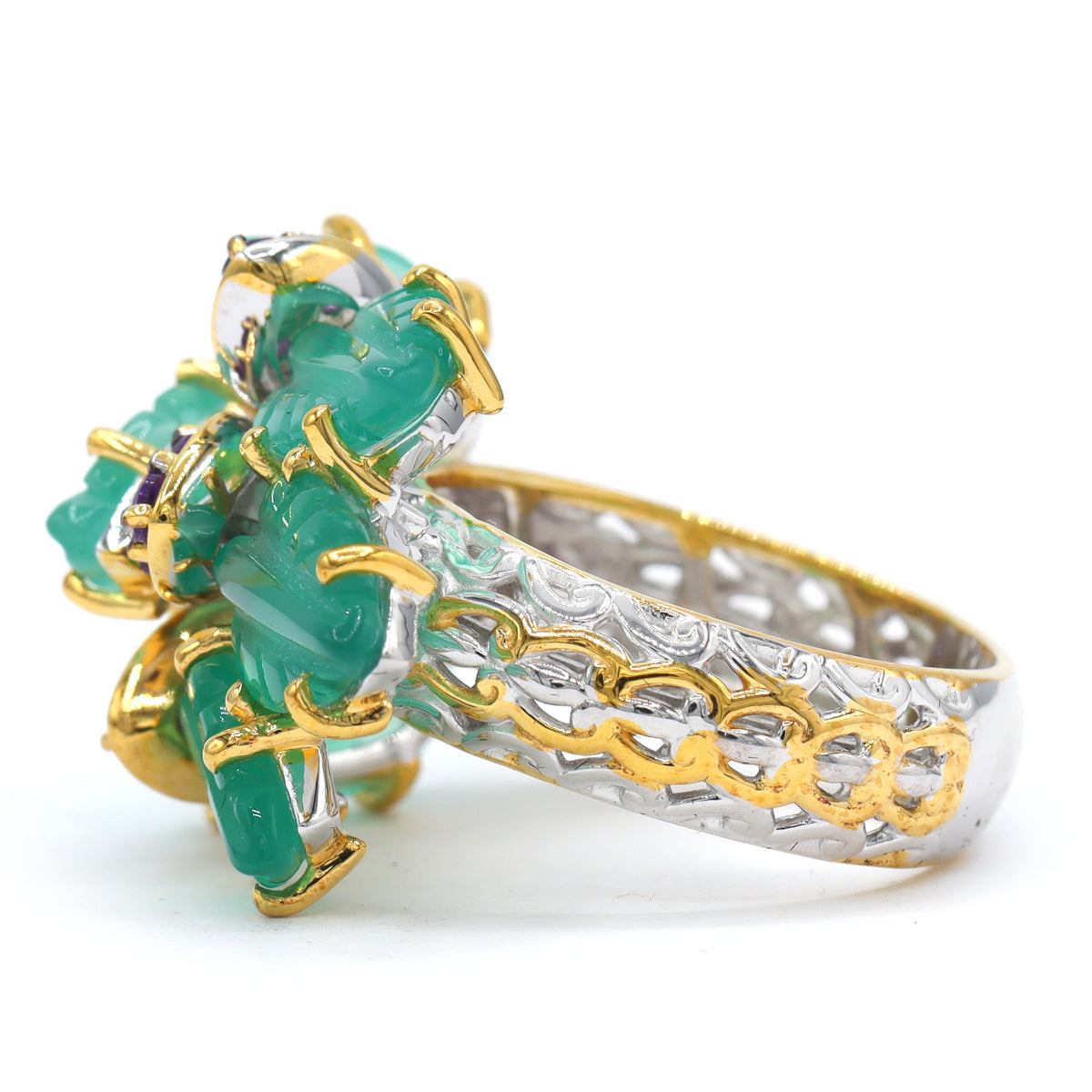 Gems en Vogue 24K Palladium Silver Green Agate & Amethyst Leaves Ring