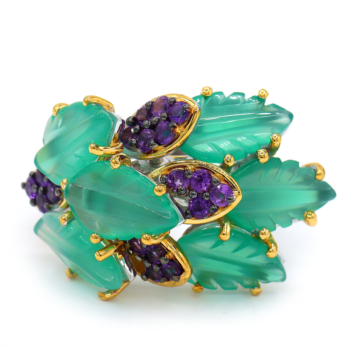 Gems en Vogue 24K Palladium Silver Green Agate & Amethyst Leaves Ring