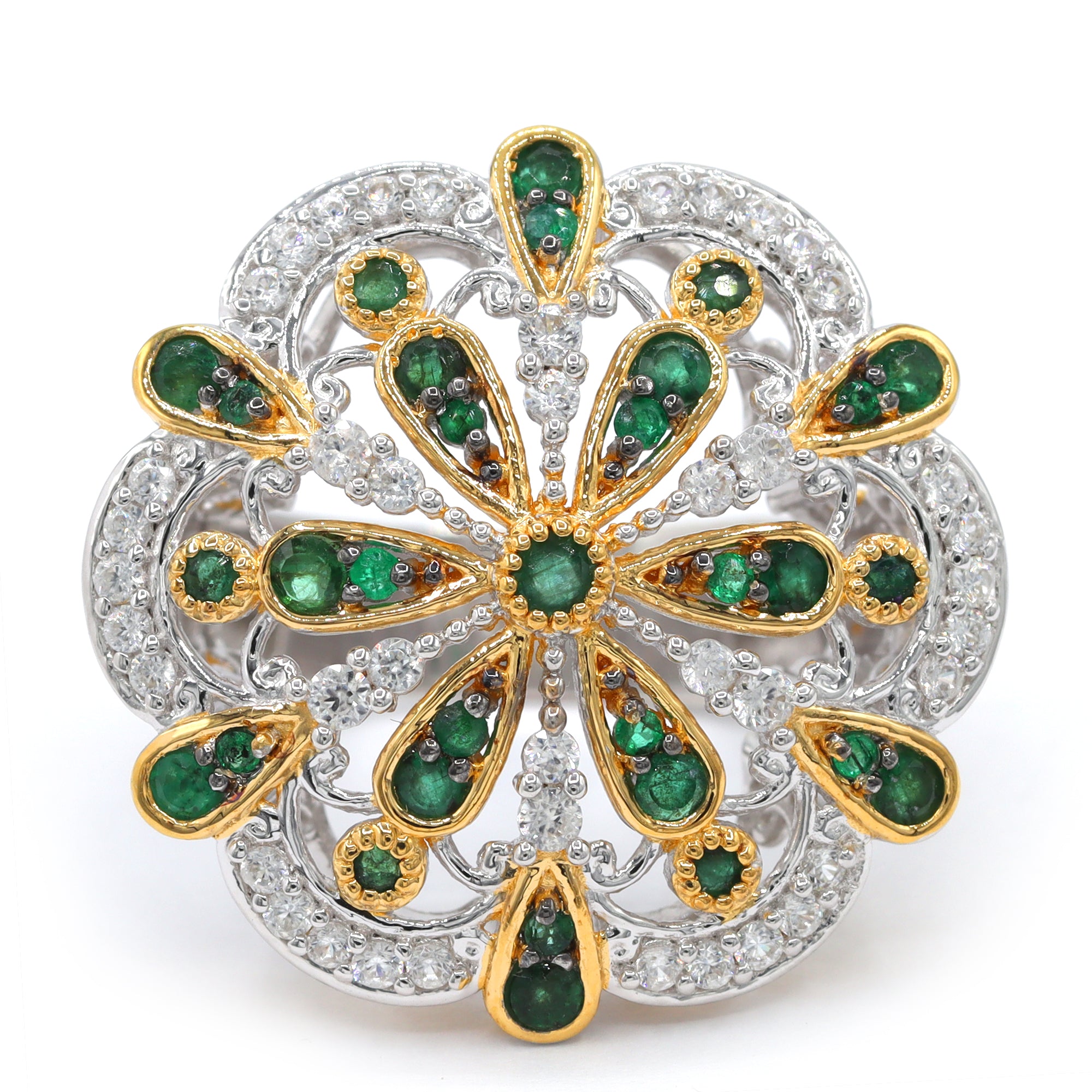Bague fleur Gems en Vogue avec zircon blanc et émeraude Grizzly 2,90 carats