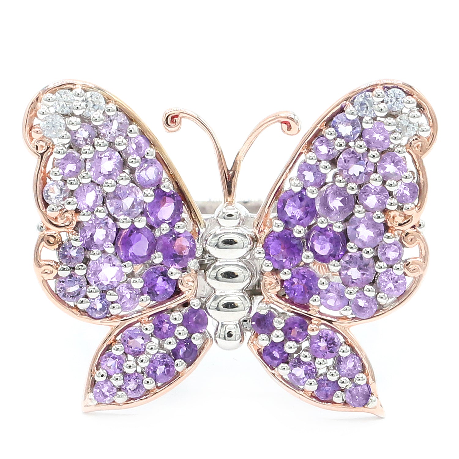 Gems en Vogue 2.68ctw Multi Amethyst & White Zircon Ombre Flutter Butterfly Ring