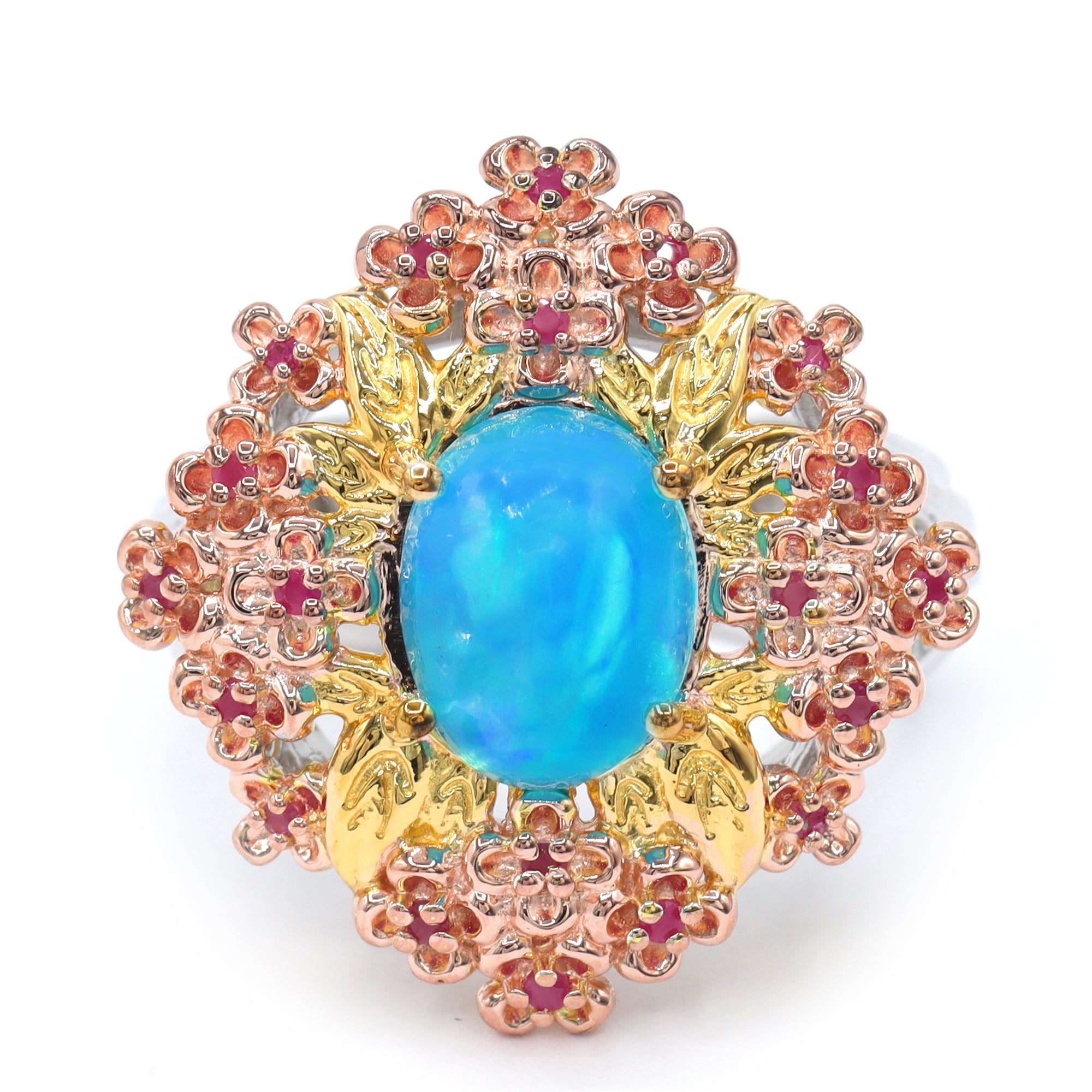 Gems en Vogue 24K Palladium Silver Paraiba Opal & Hot Pink Sapphire Flower Ring