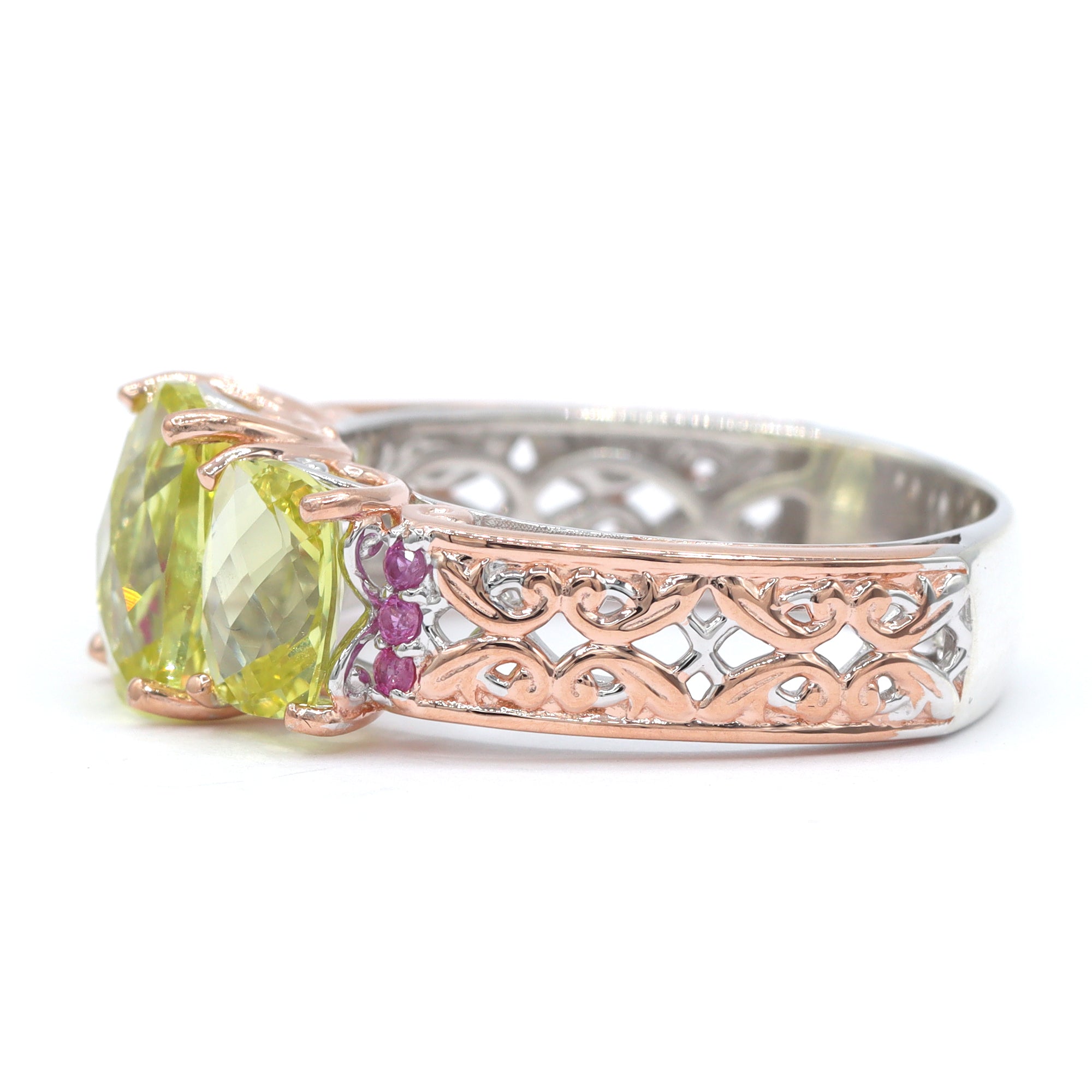 Gems en Vogue One-of-a-Kind 18K Palladium Silver 5.31ctw Ouro Verde & Pink Sapphire Three Stone Ring