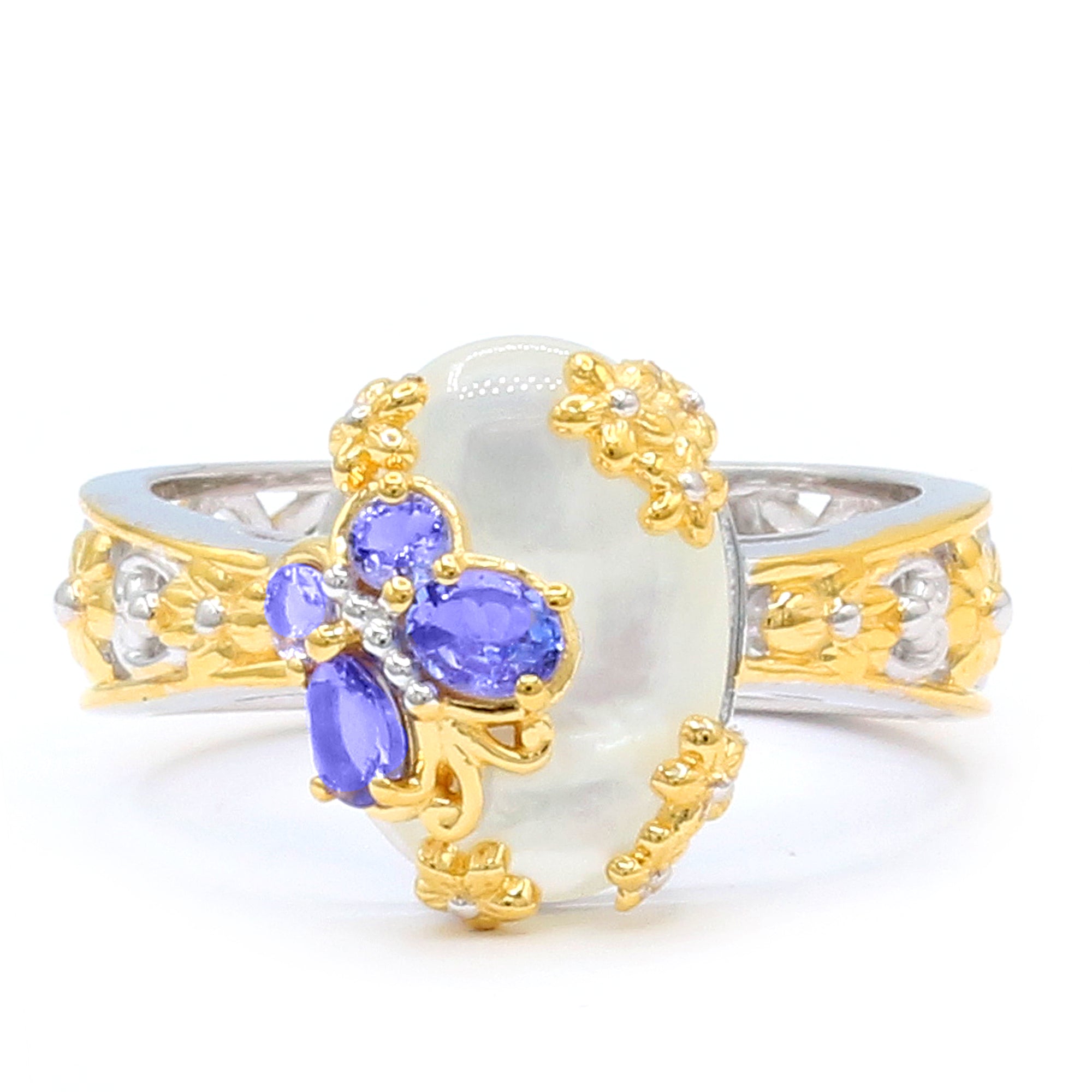 Gems en Vogue 24K Palladium Silver White Mother-of-Pearl & Tanzanite Butterfly & Flower Ring