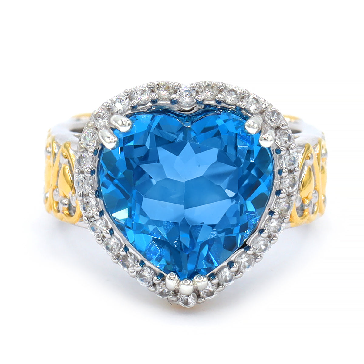 Bague auréole Gems en Vogue en argent plaqué palladium 24 carats, topaze bleue suisse taille cœur de 10,42 carats et zircon blanc