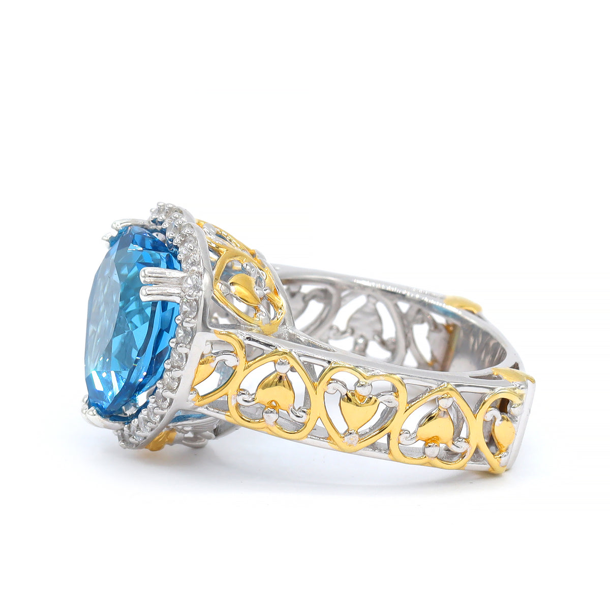 Bague auréole Gems en Vogue en argent plaqué palladium 24 carats, topaze bleue suisse taille cœur de 10,42 carats et zircon blanc