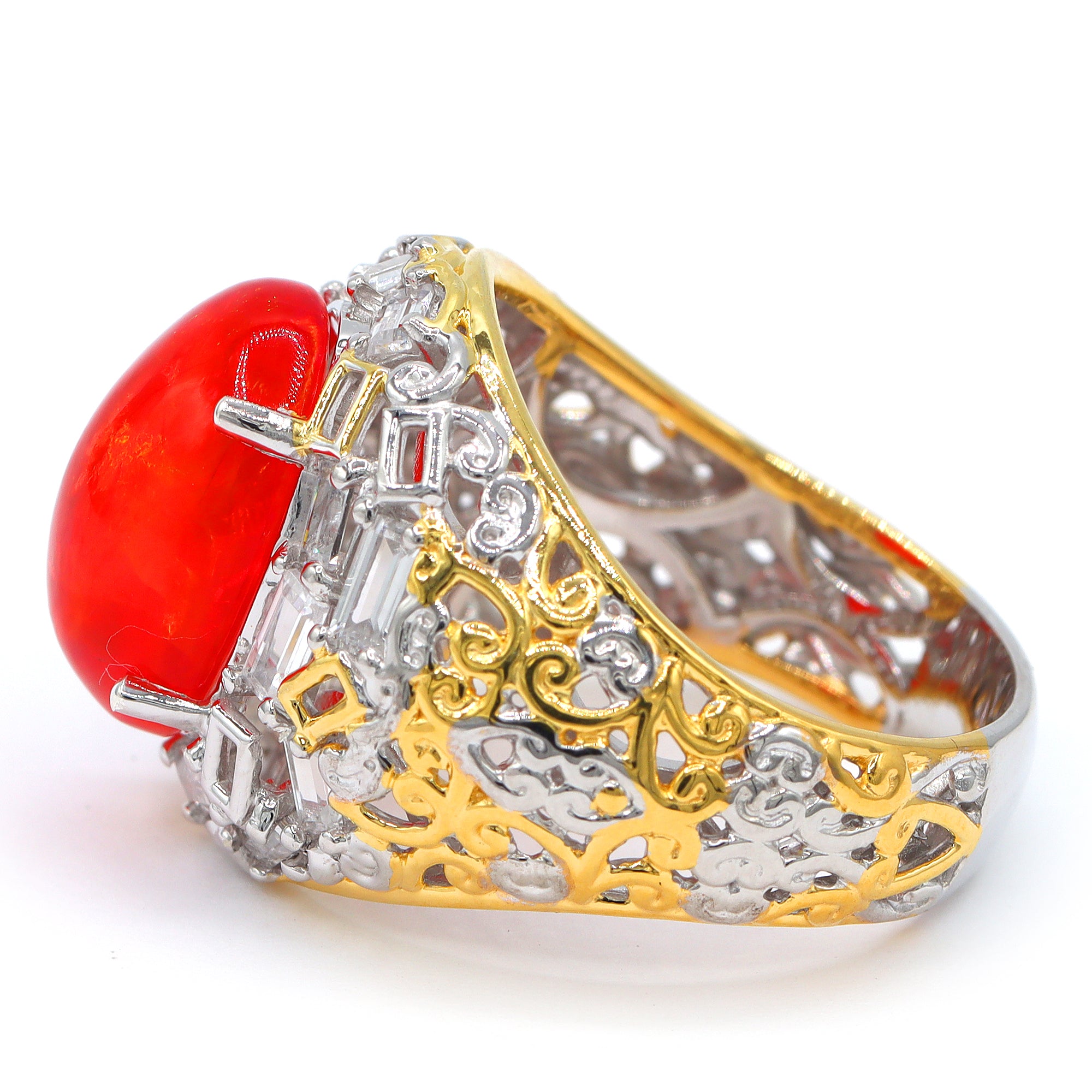 Couture Gems One-of-a-Kind 24K Palladium Silver 5.98ctw Neon Orange Opal & White Zircon Ring
