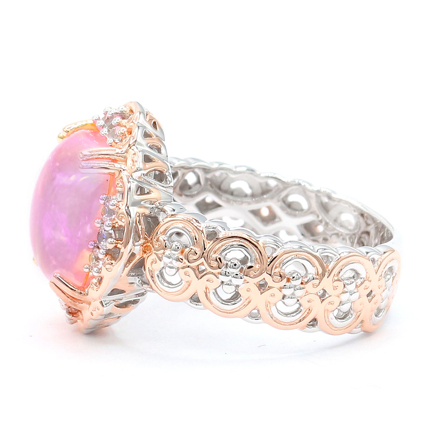 Gems en Vogue 18K Palladium Silver 2.58ctw Cushion Pink Ethiopian Opal & White Zircon Ring