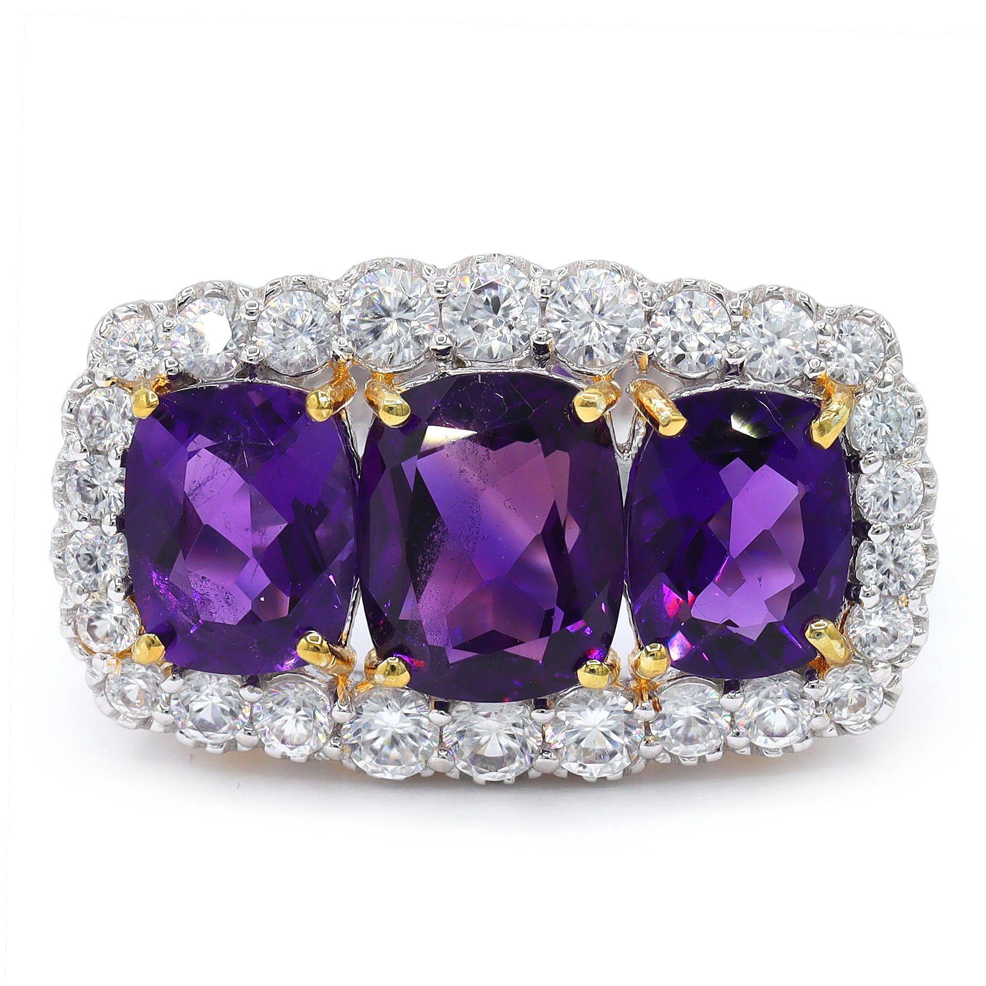 Gems en Vogue One-of-a-Kind 24K Palladium Silver 9.06ctw Tanzanian Amethyst & White Zircon Three Stone Halo Ring