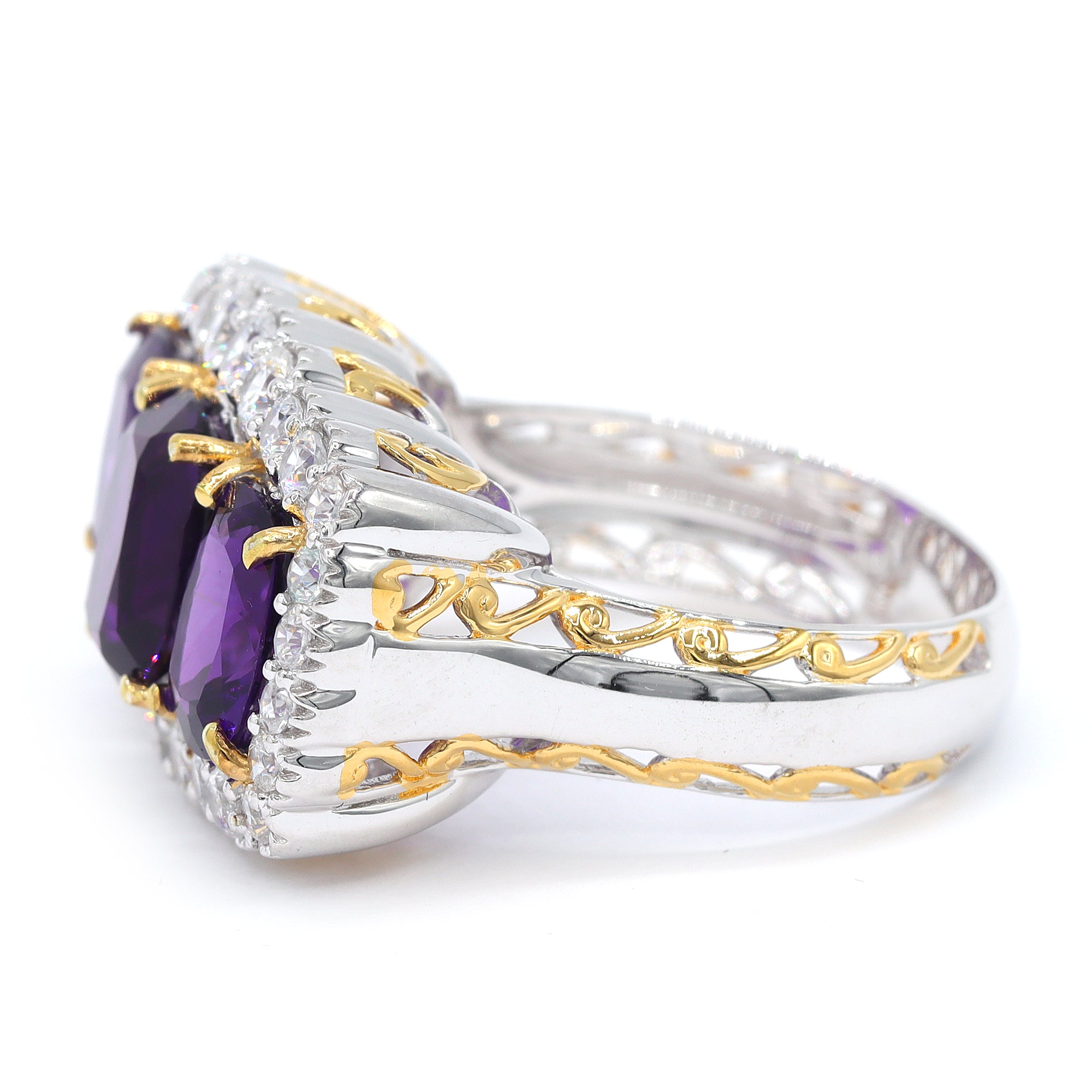 Gems en Vogue One-of-a-Kind 24K Palladium Silver 9.06ctw Tanzanian Amethyst & White Zircon Three Stone Halo Ring