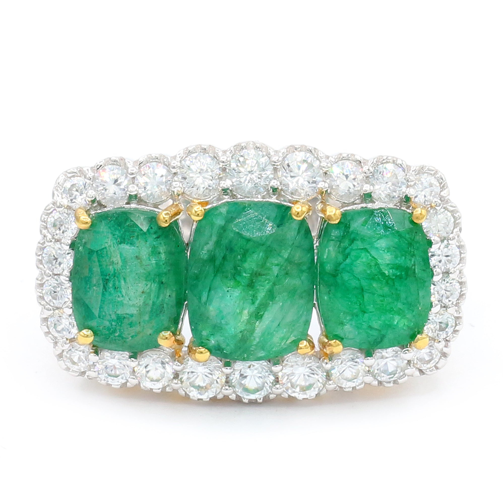 Gems en Vogue 24K Palladium Silver 9.78ctw Zambian Emerald & White Zircon Three Stone Ring