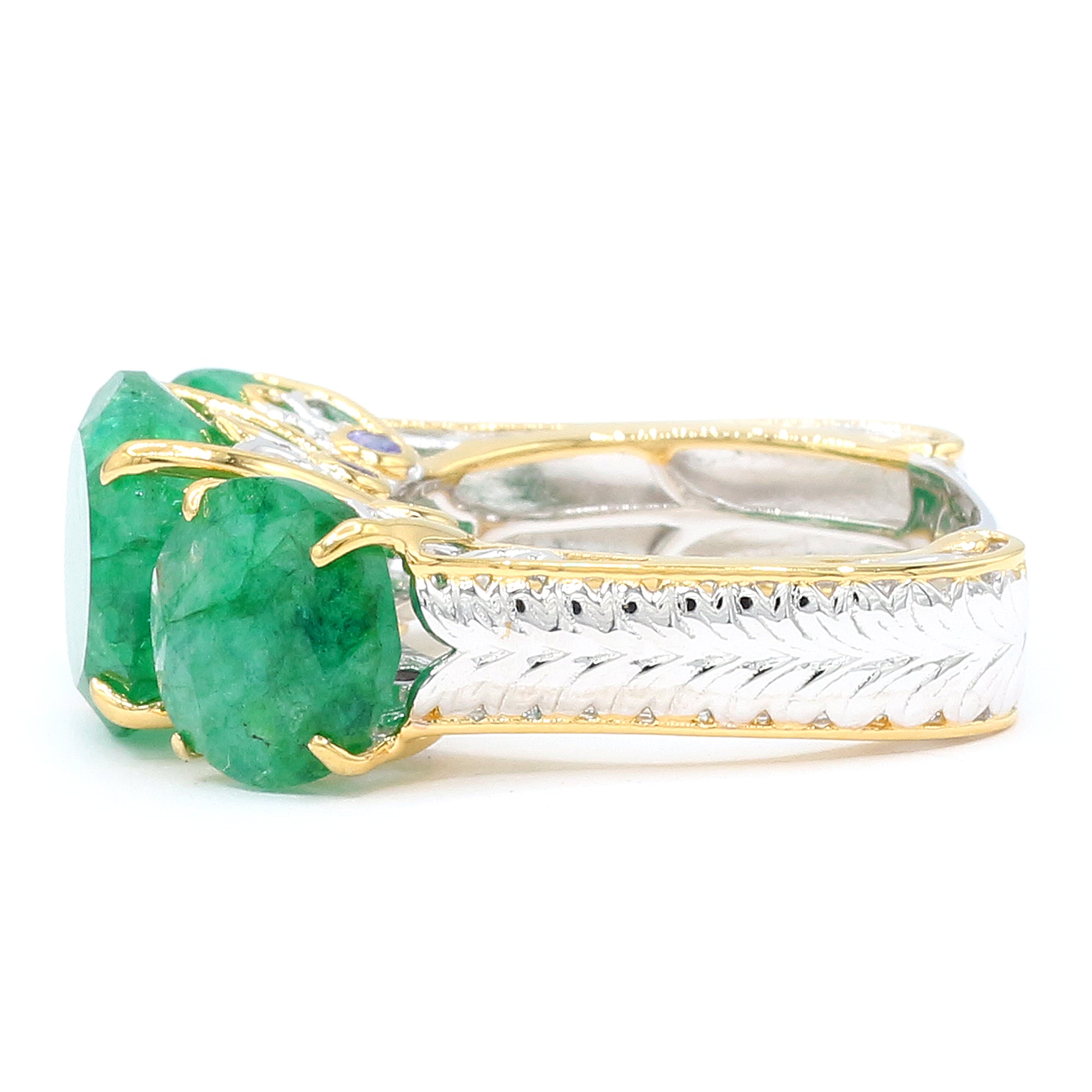 Gems en Vogue 24K Palladium Silver 12.00ctw Zambian Emerald & Tanzanite Three Stone Ring