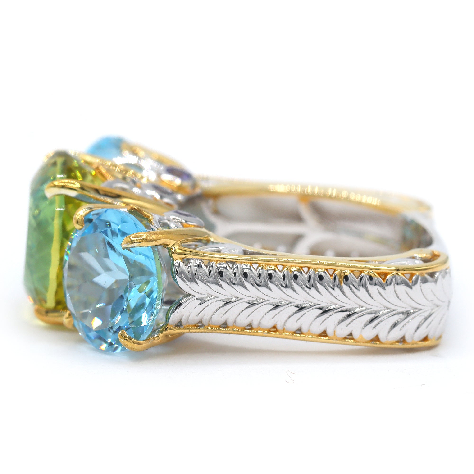 Gems en Vogue 24K Palladium Silver 14.44ctw Ouro Verde & Blue Topaz Three Stone Ring
