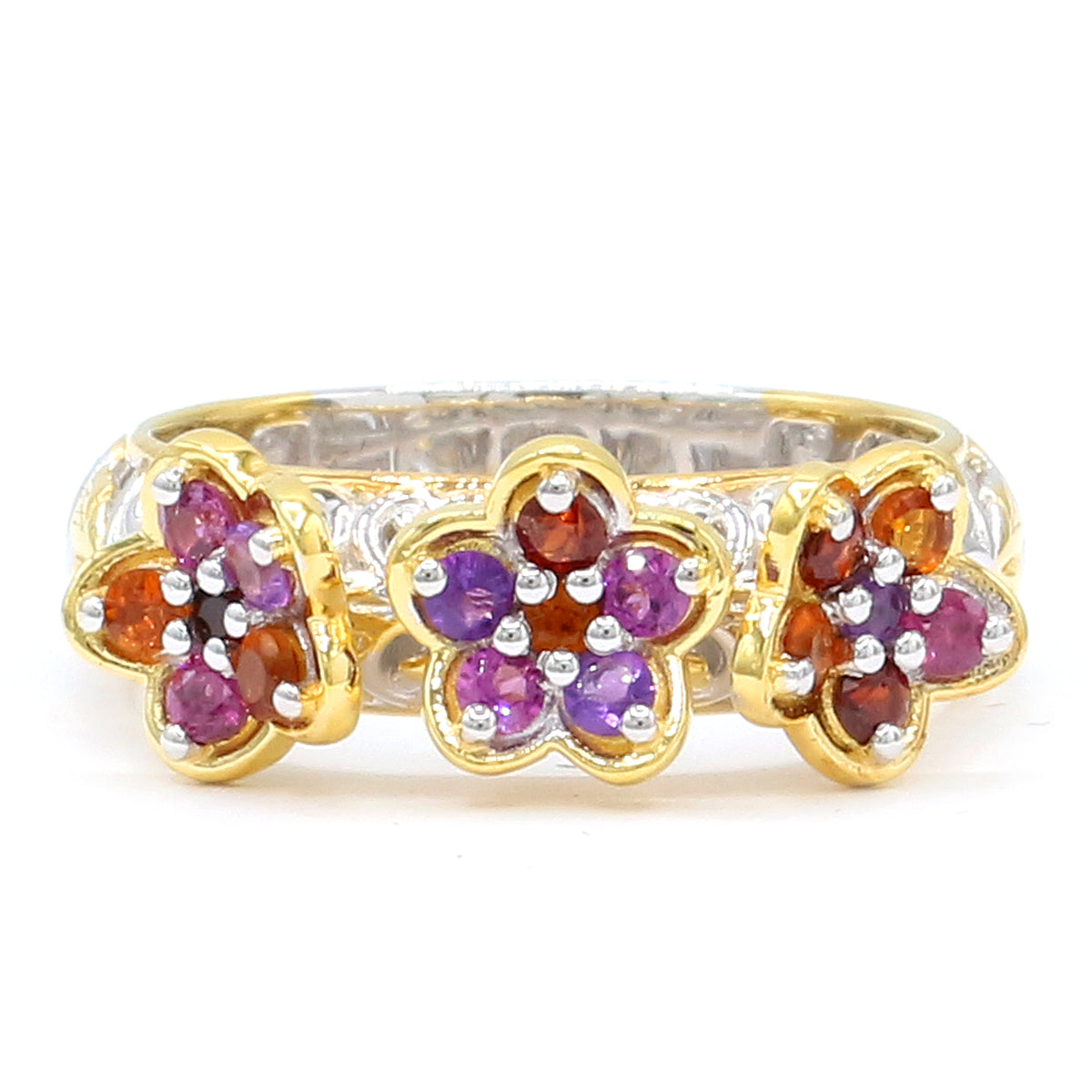 Gems en Vogue 24K Palladium Silver Amethyst & Multi Gemstones Flower Ring