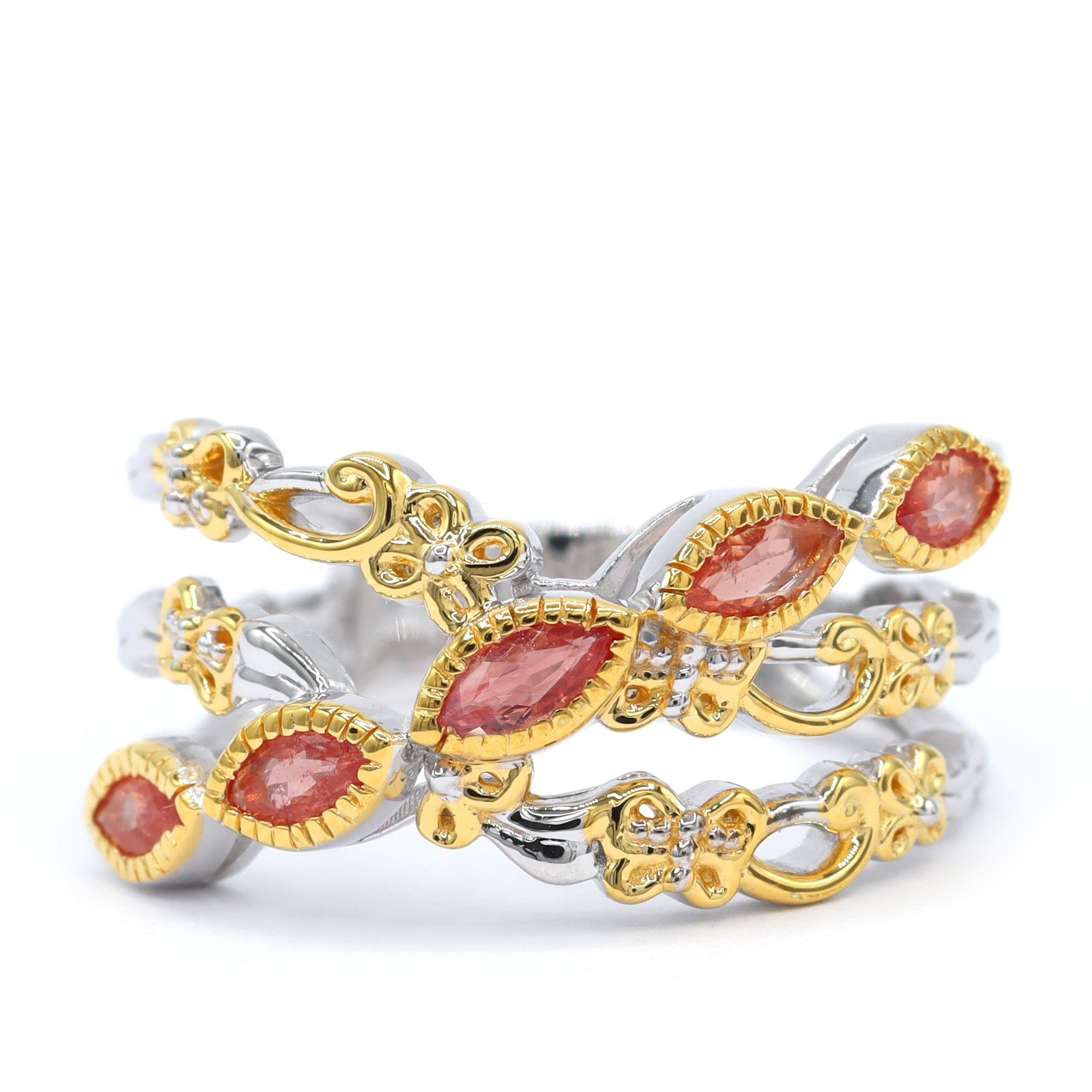 Gems en Vogue 24K Palladium Silver 0.59ctw Padparadscha Sapphire Highway Ring