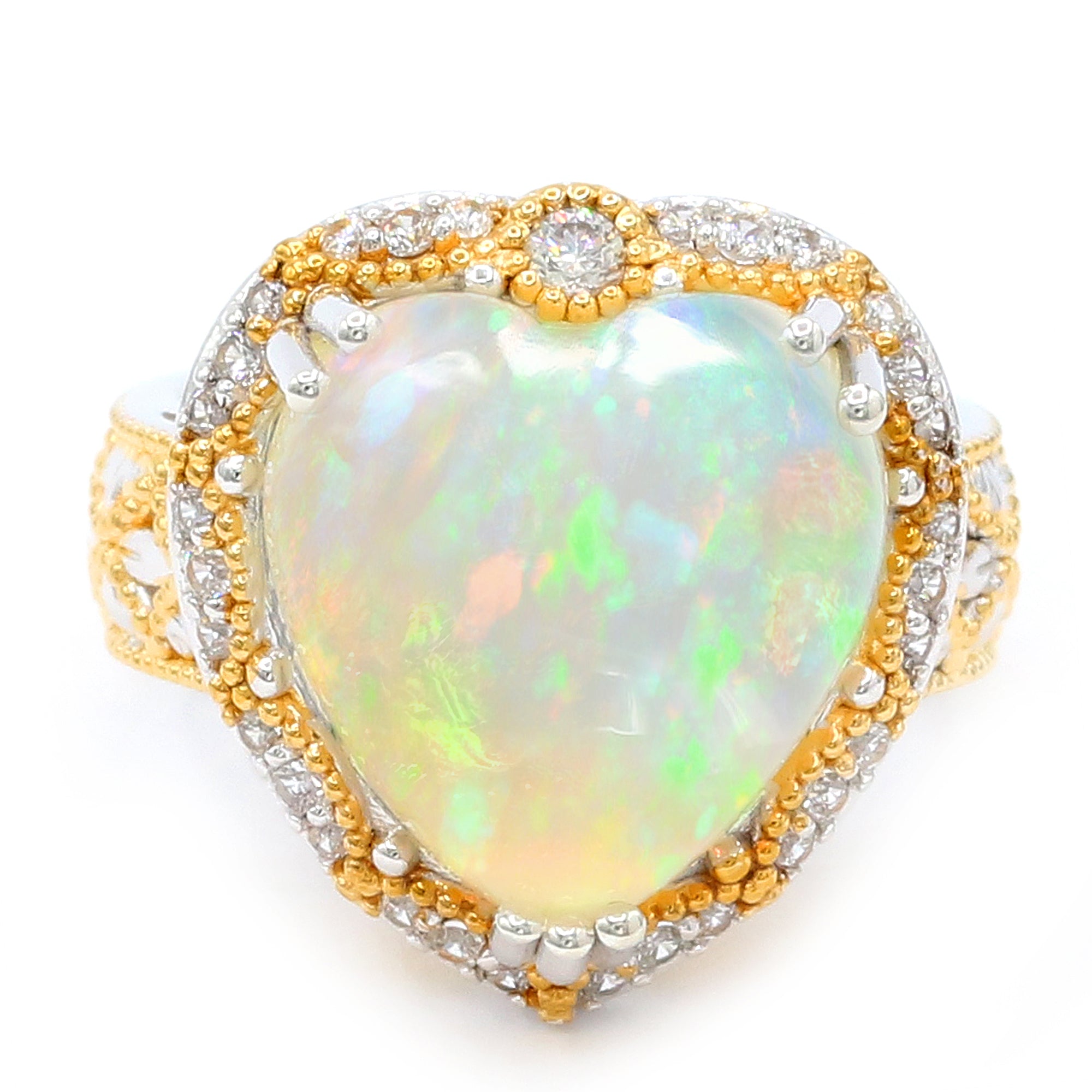 Couture Gems 24K Palladium Silver 11.02ctw Heart Shape White Ethiopian Opal & White Zircon Halo Ring