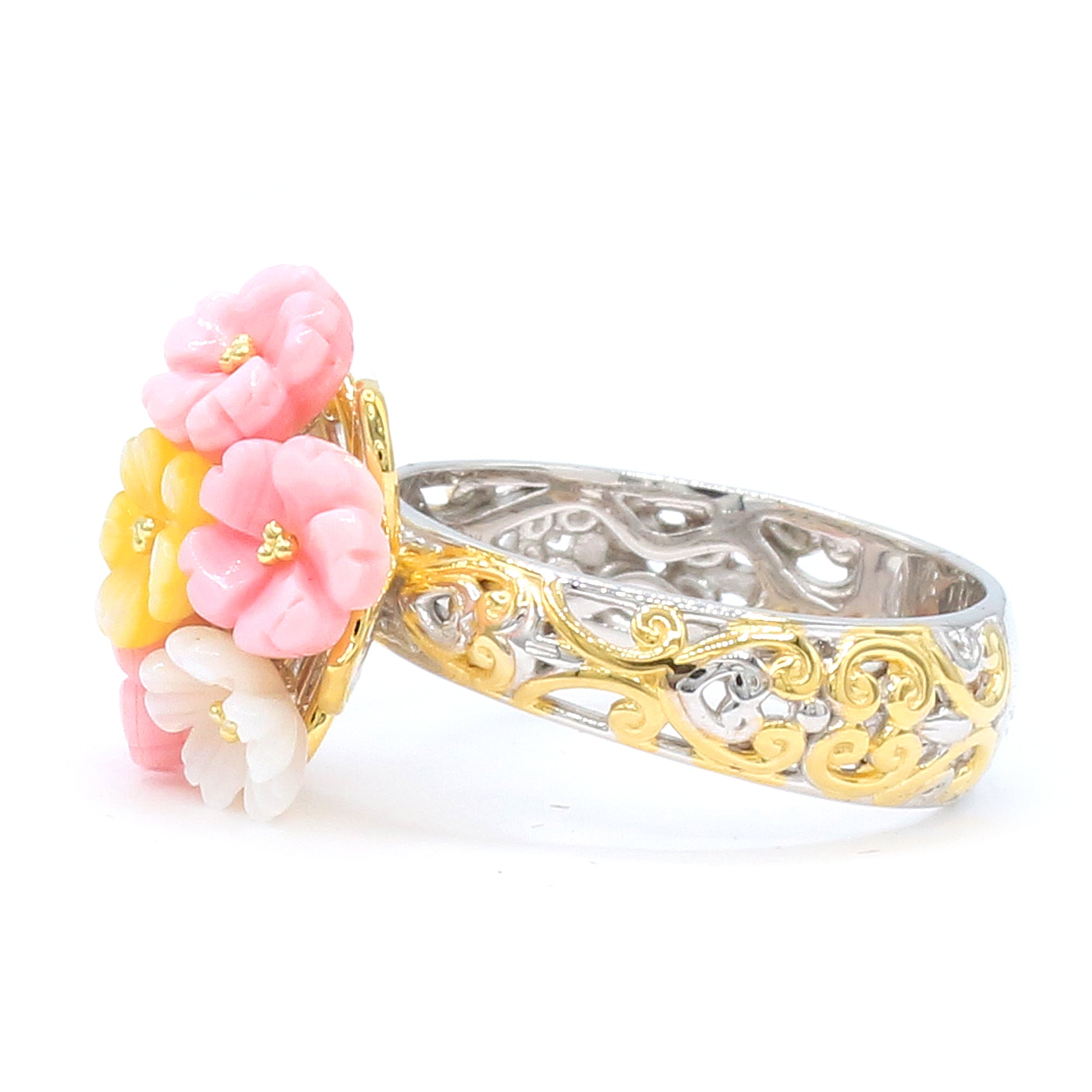 Gems en Vogue 24K Palladium Silver Multi Color Carved Shell Flower Ring